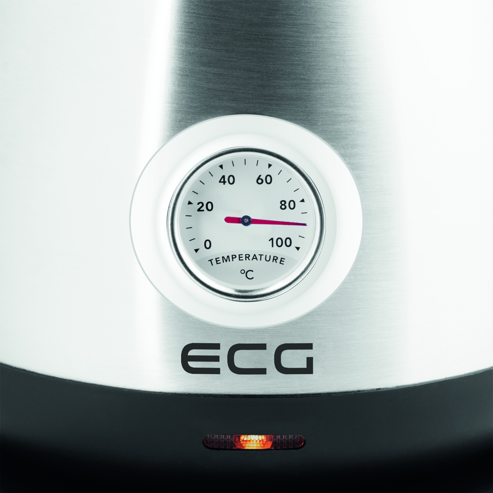 Nahaufnahme eines Temperaturmessers, der 80 Grad Celsius anzeigt. Unten steht die Marke ECG.