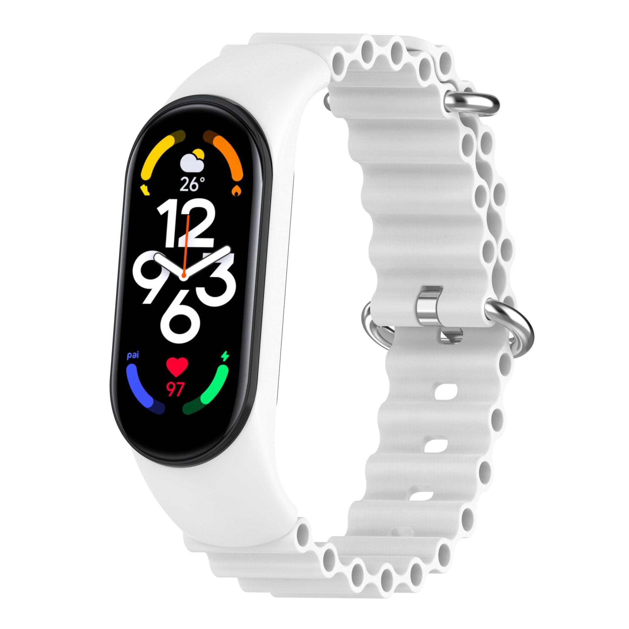 Eine weiße Smartwatch mit schwarzem Bildschirm, der Zeit, Herzfrequenz und andere Daten anzeigt.