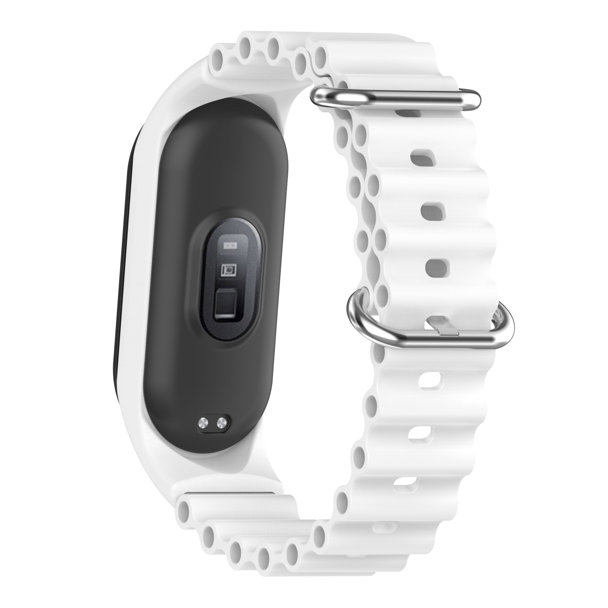 Weiß-schwarzer Fitnesstracker mit weißem Armband und Metallverschluss.
