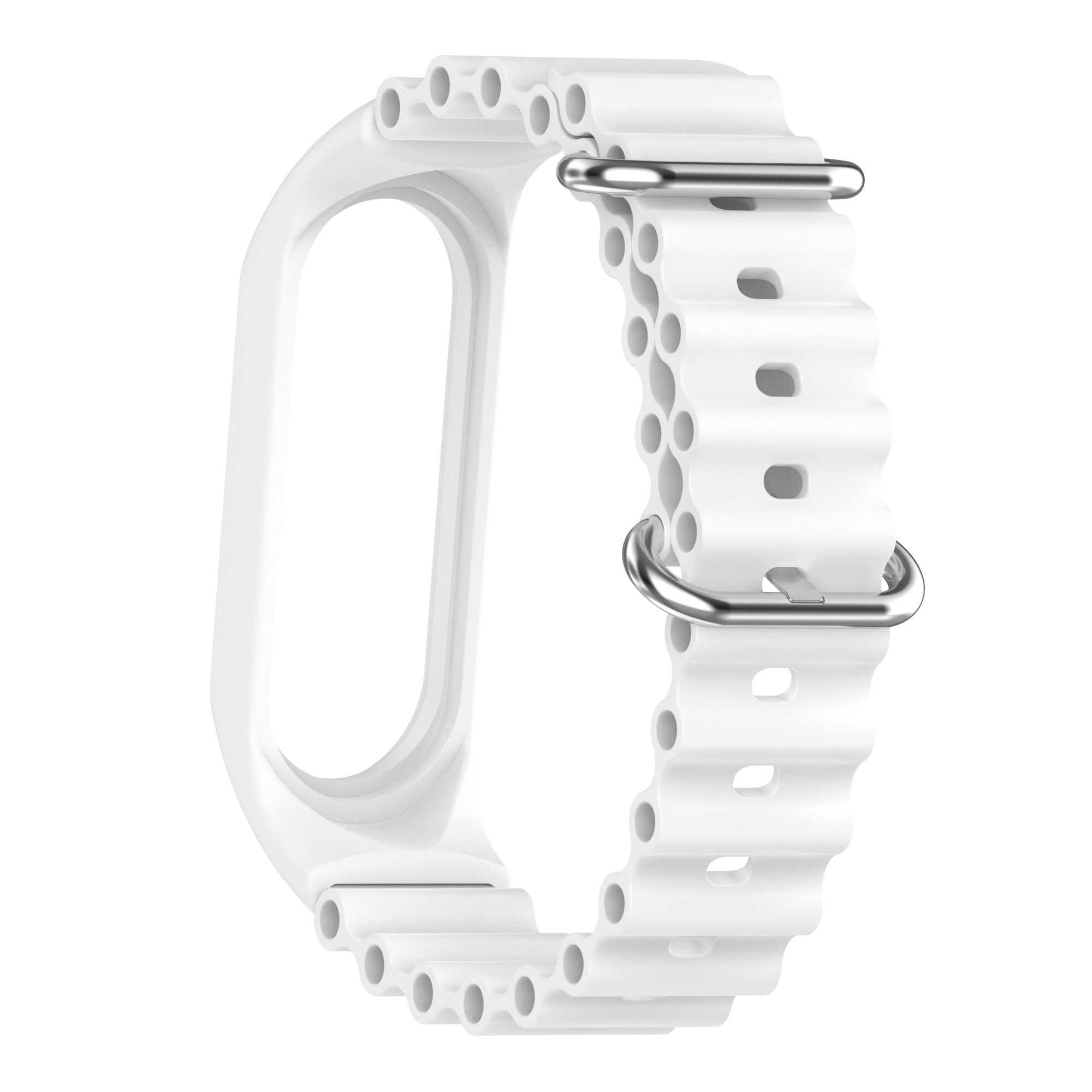 Ein weißes Armband in Schlaufenform mit Löchern, mit einer silbernen Schnalle.
