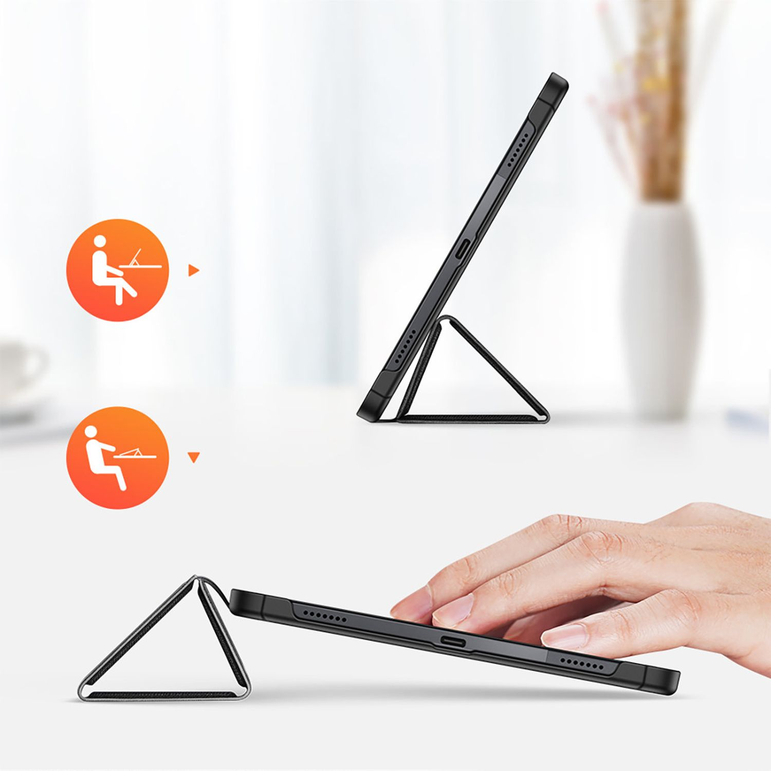 Tablet-Hülle mit Klappständer, zeigt verschiedene Nutzungswinkel.