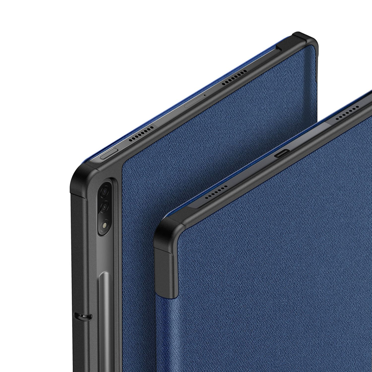 Zwei Tablets in blauen Hüllen, schräge Ansicht. Hüllen zeigen strukturiertes Material und Kameraausschnitte.