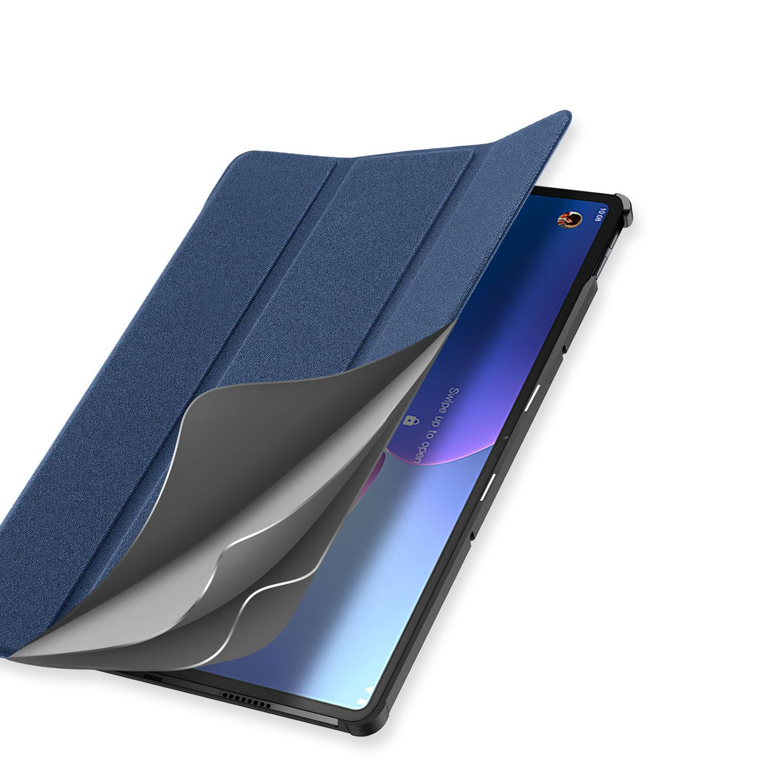 Tablet-Hülle geöffnet, Bildschirm sichtbar. Die Hülle ist blau, das Tablet schwarz.