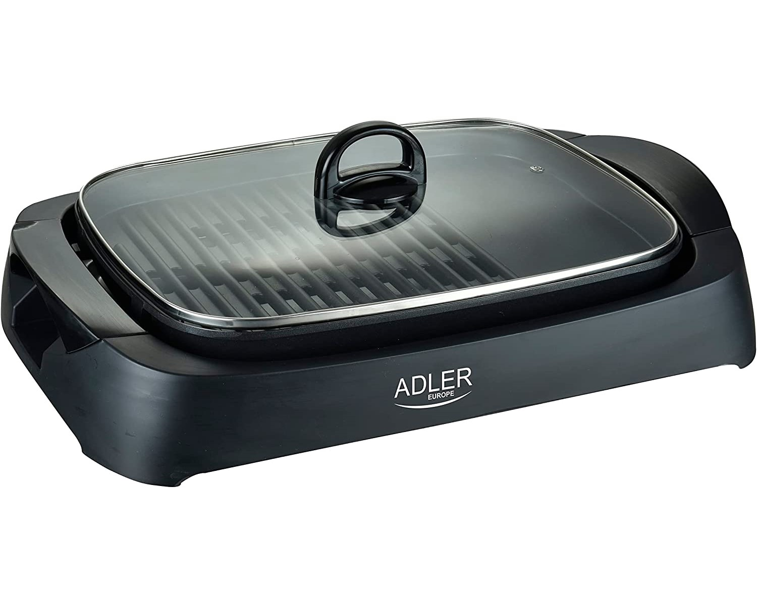 Ein schwarzer Elektrogrill mit Glasdeckel und dem Adler Europe Logo.