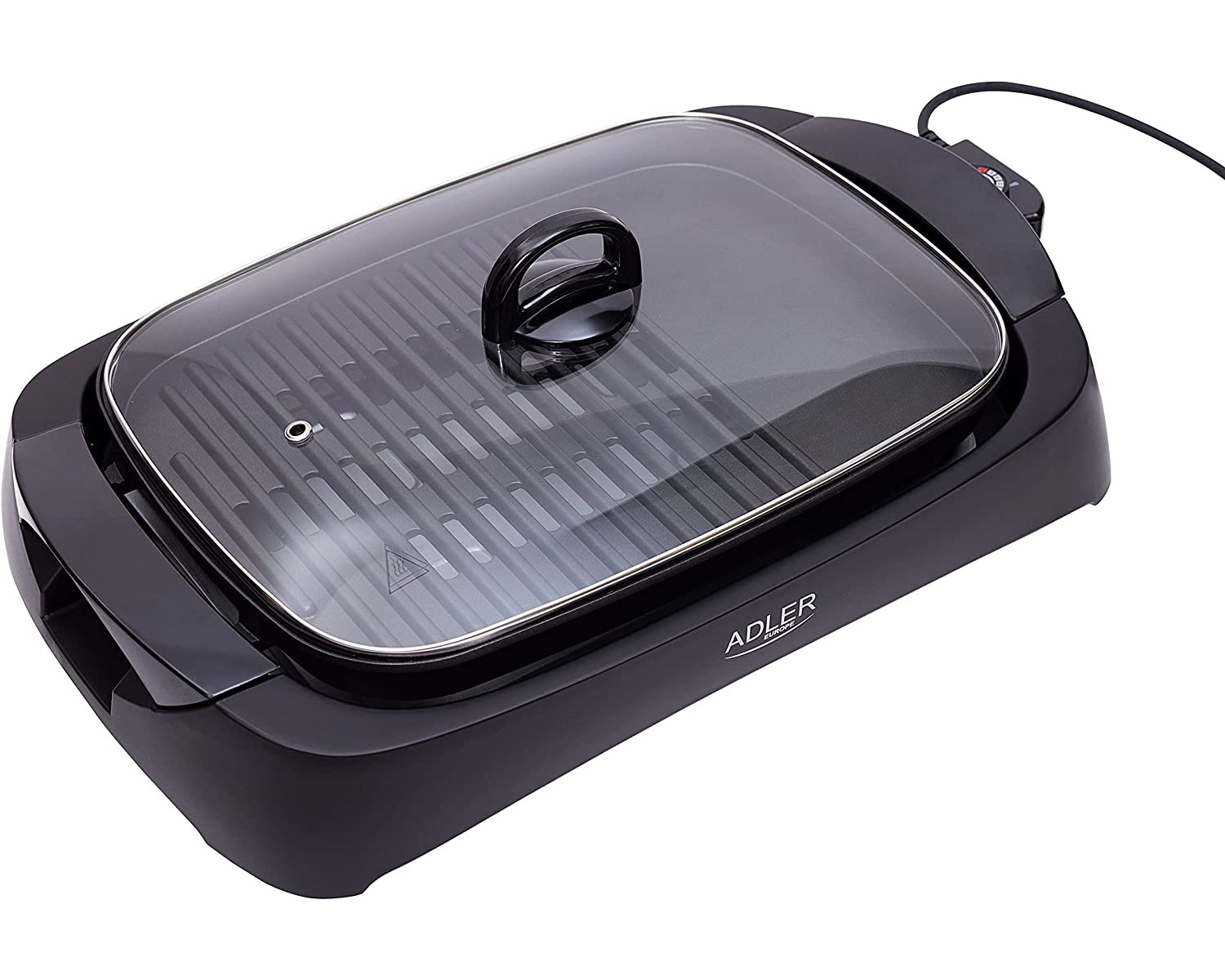 Ein schwarzer Elektrogrill mit Glasdeckel auf weißem Hintergrund.