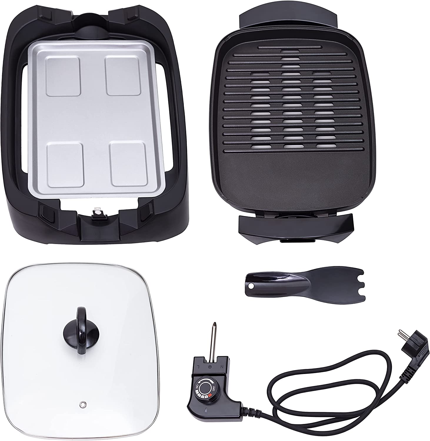 Zerlegte elektrische Grillkomponenten, darunter eine Grillplatte, ein Heizelement und ein Deckel.