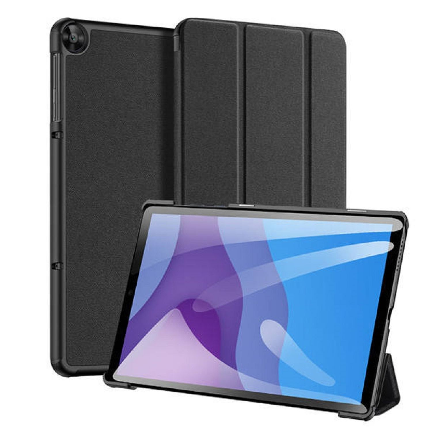 Eine Tablet-Hülle mit einem Tablet. Der Bildschirm des Tablets zeigt ein blaues und violettes Design.