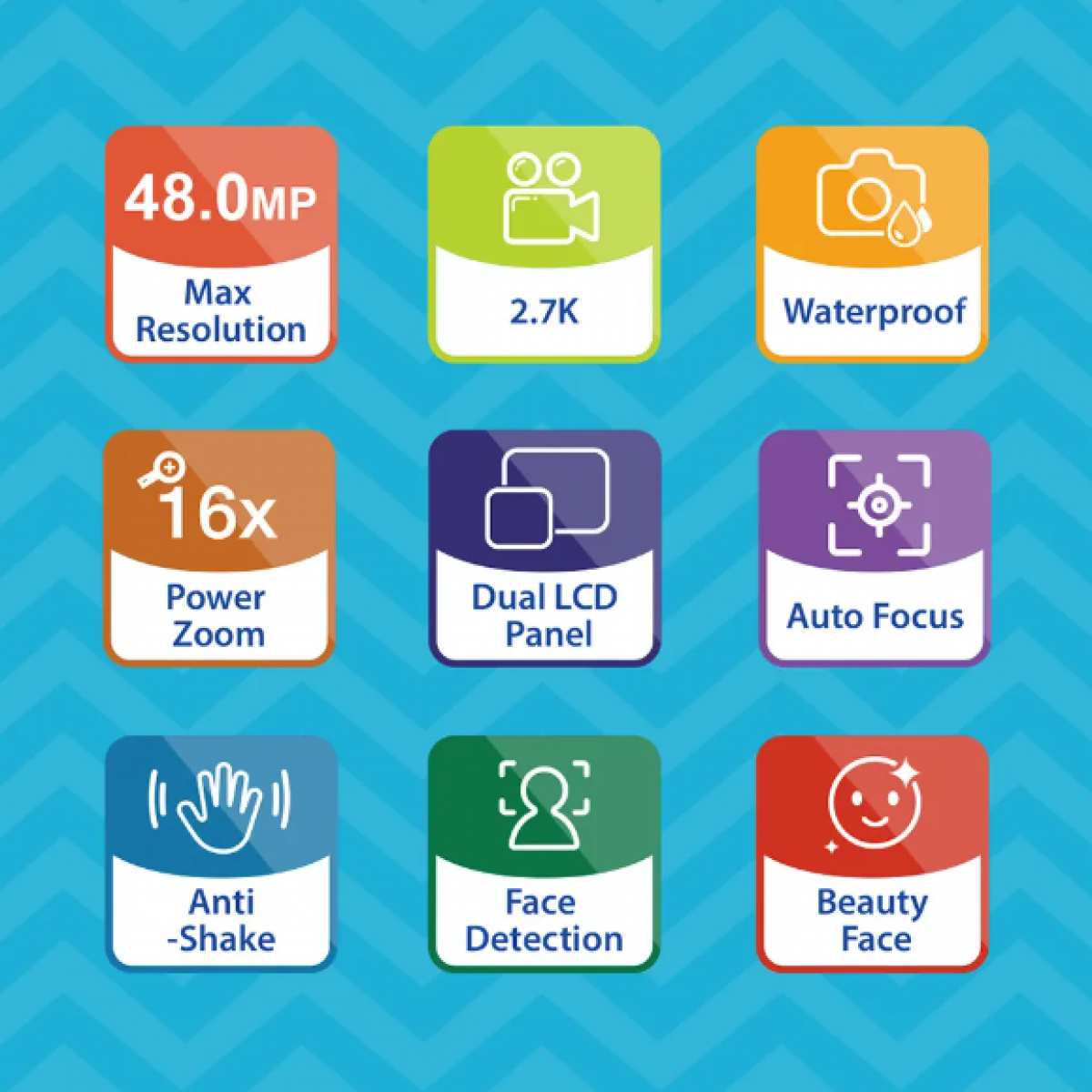 Dziewięć ikon z funkcjami aparatu, takimi jak maks. rozdzielczość, 2,7K, wodoodporność, zoom, podwójny LCD, autofokus, stabilizacja obrazu, wykrywanie twarzy, upiększanie twarzy.
