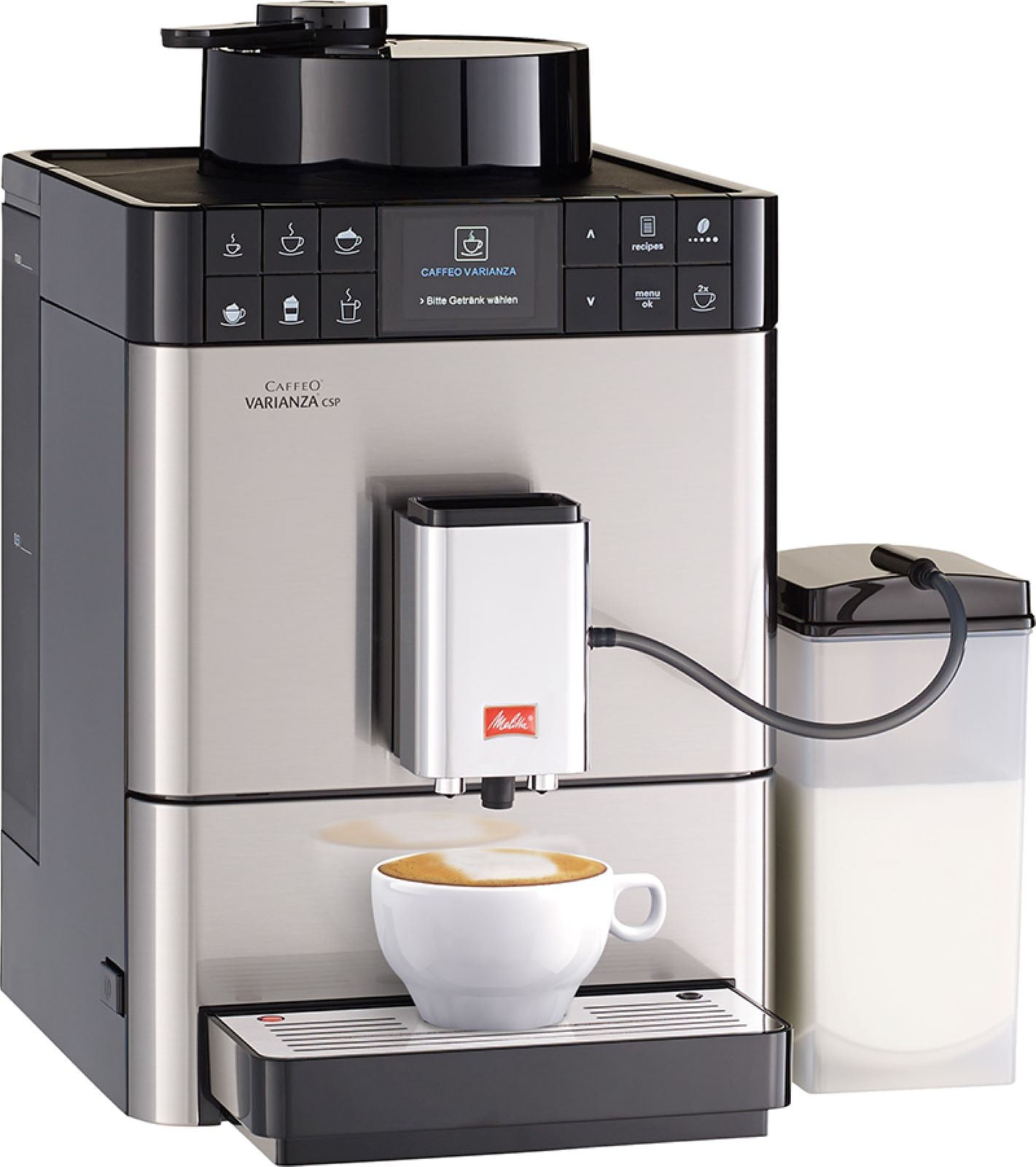 Machine à café avec tasse, contenant de lait. Argent, noir et blanc.