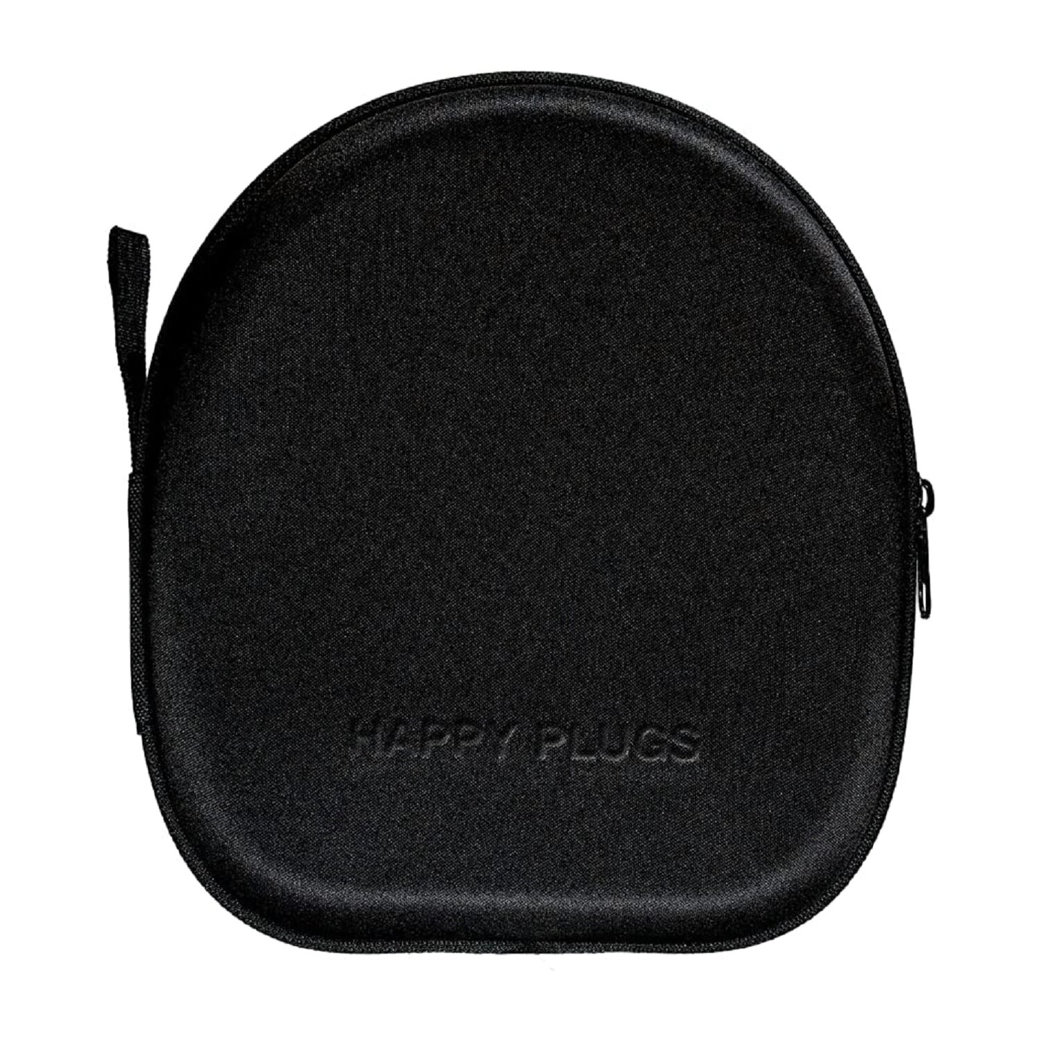 Una custodia nera, rotonda, con cerniera e con la scritta 'HAPPY PLUGS'.