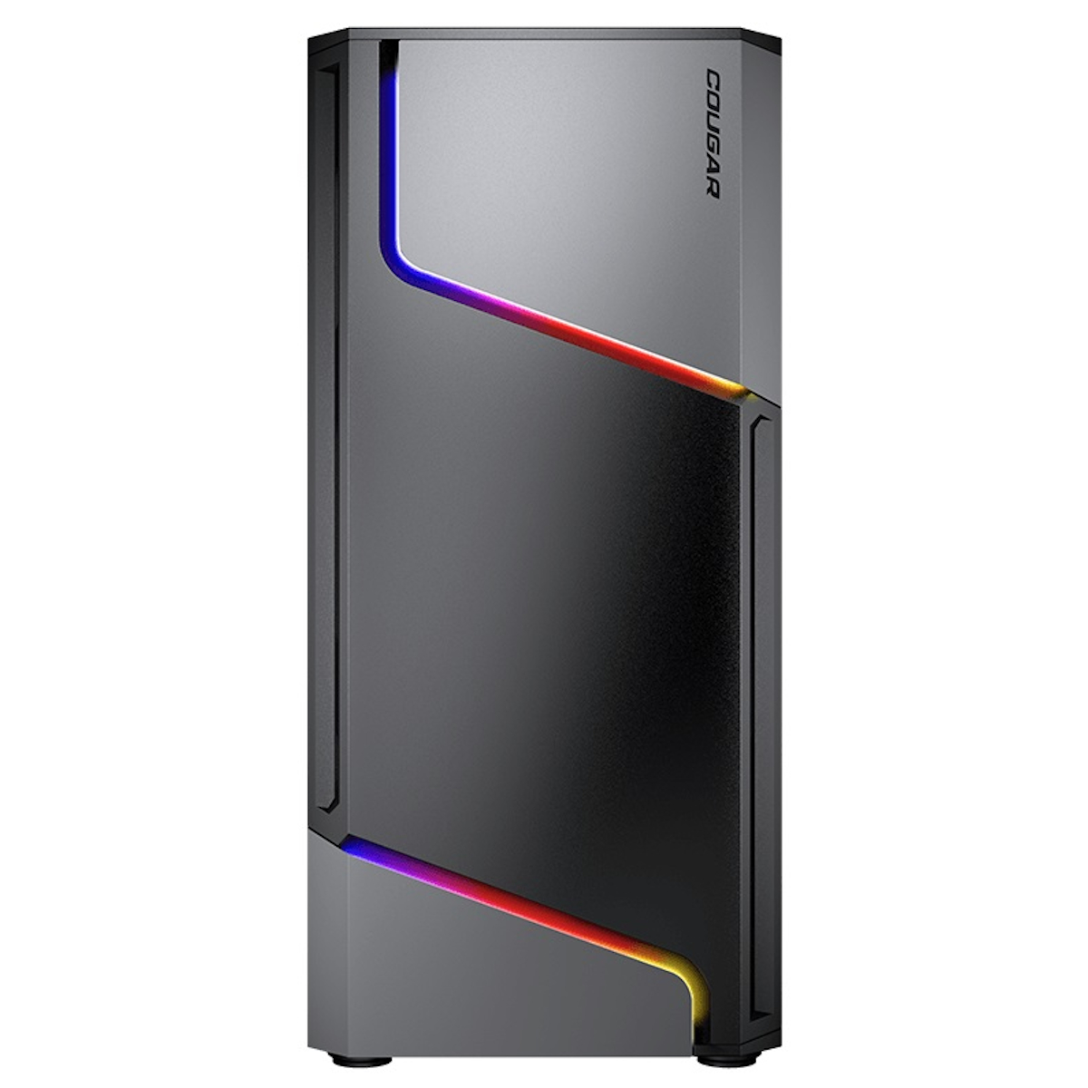 Caja de ordenador en plata y negro con el logotipo de Cougar y luces de colores.