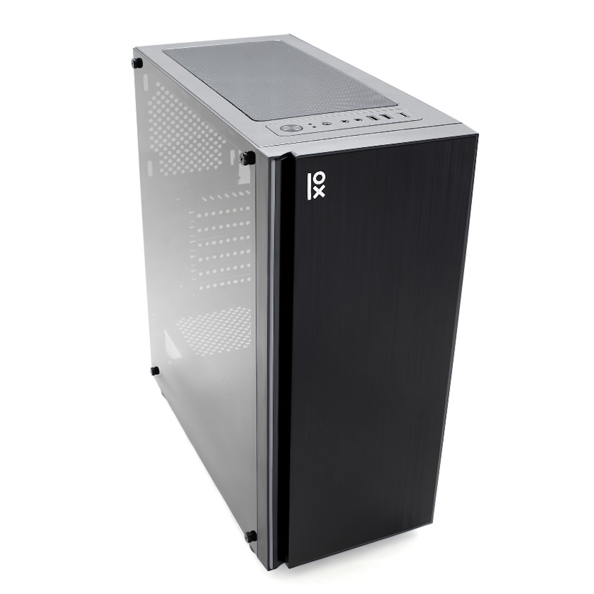 Caja de PC negra con panel lateral de cristal, con el logotipo de la marca en la parte delantera.