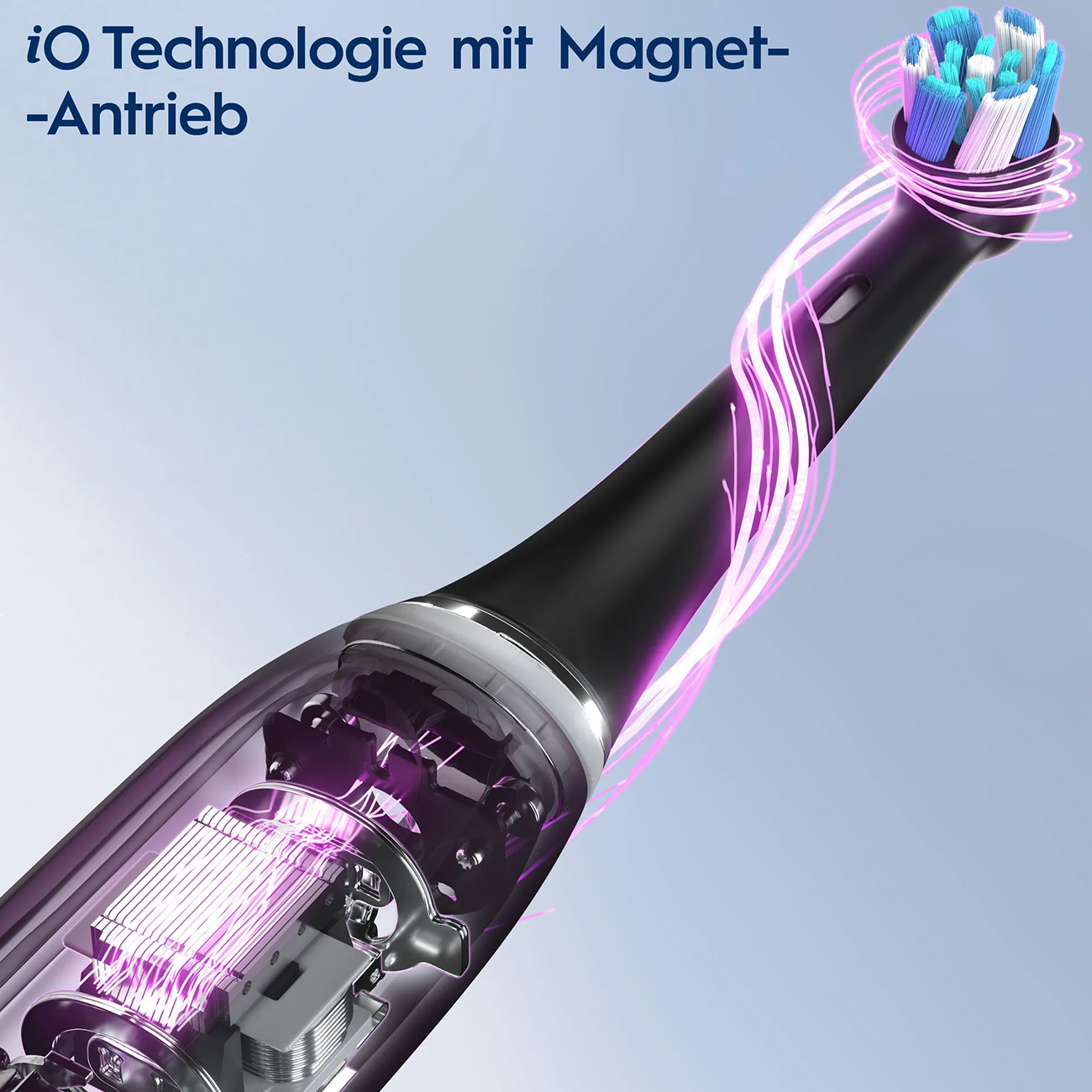 Zbliżenie główki szczoteczki elektrycznej z świecącymi efektami świetlnymi pokazującymi jej mechanikę.