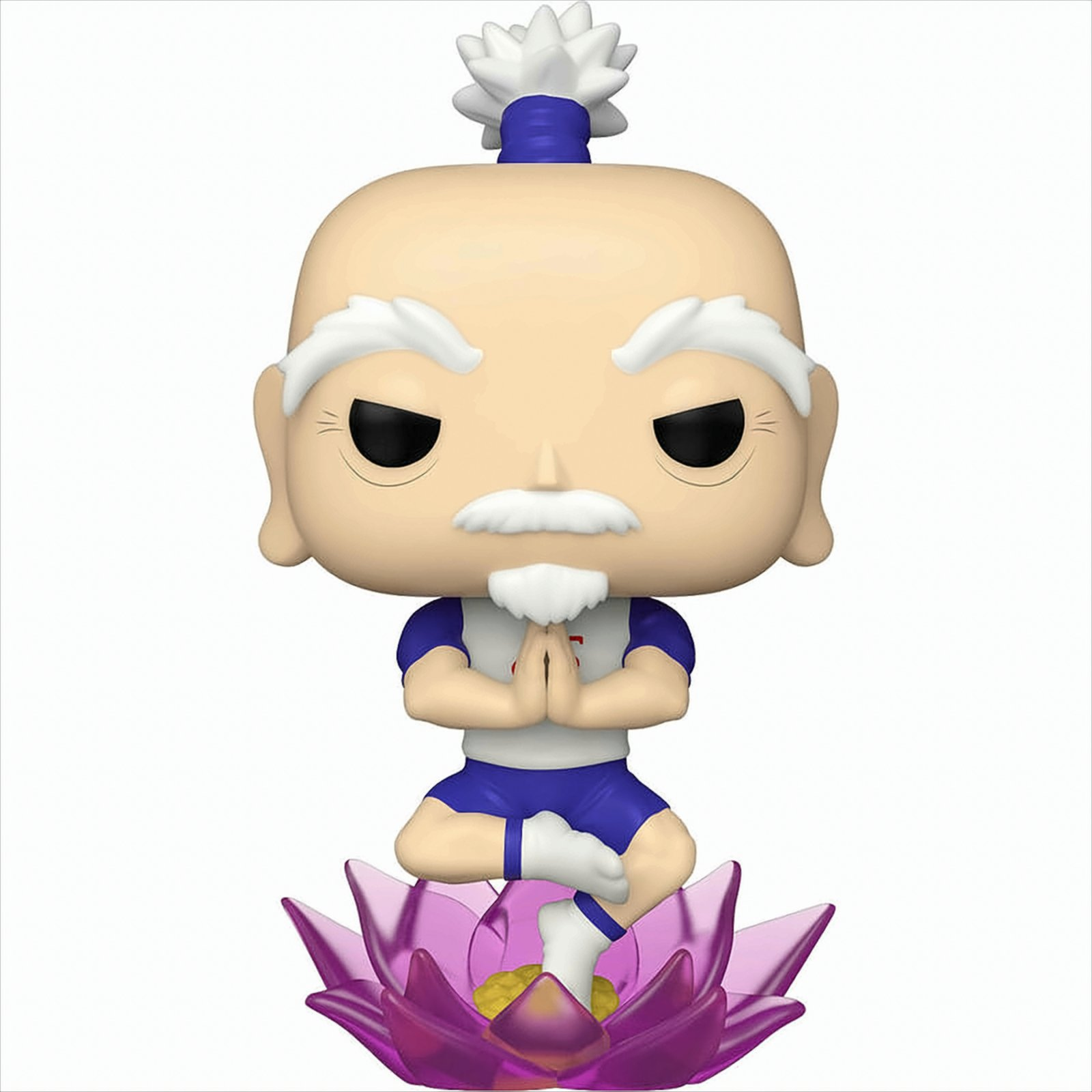 Funko Pop Figur eines glatzköpfigen Mannes in Yoga-Pose. Er steht auf einer rosa Lotusblume.