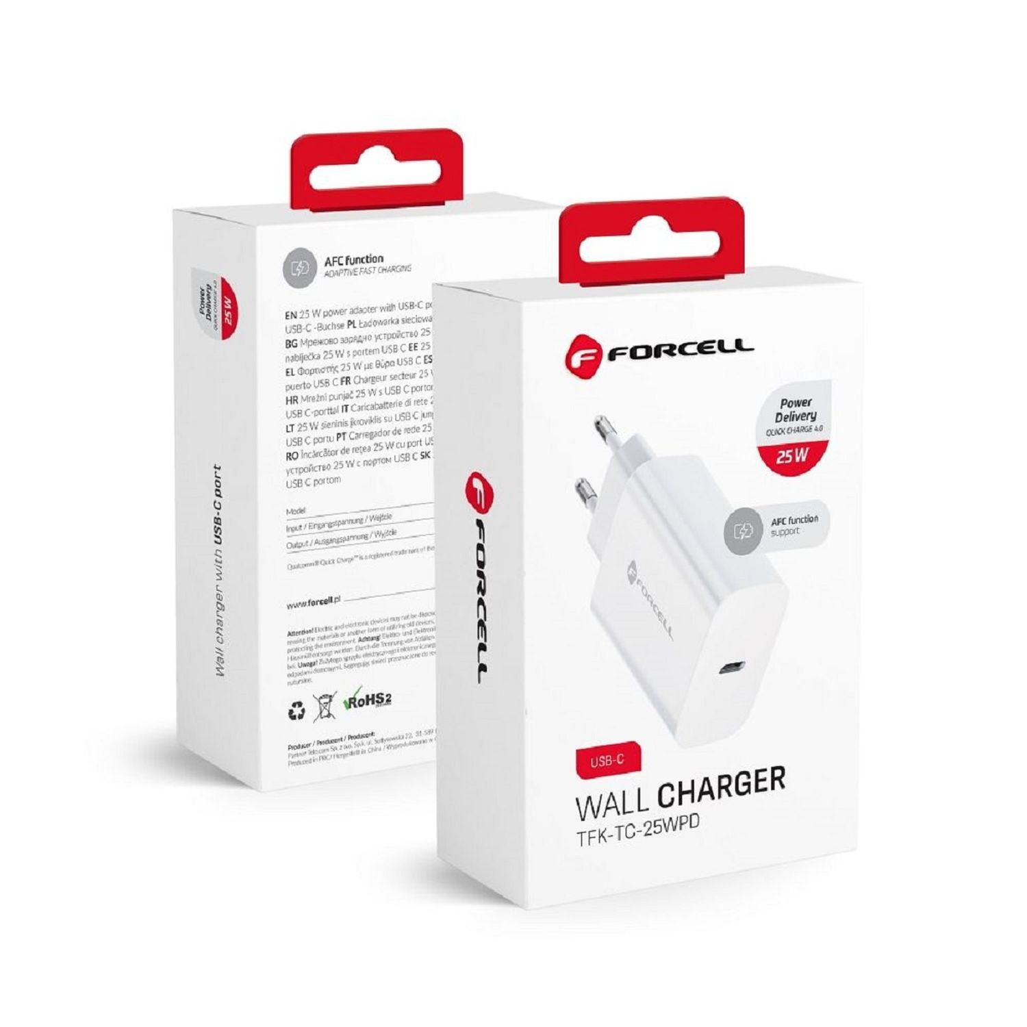 Zwei weiße Wandladegerät-Boxen mit 'FORCELL' und '25W' darauf, mit einem USB-C-Anschluss.