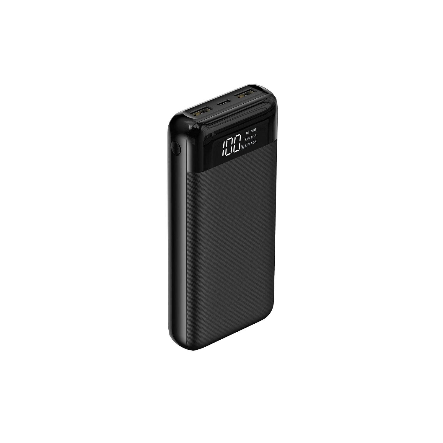 Schwarze Powerbank mit Digitalanzeige 100. Carbonfaser-Design.