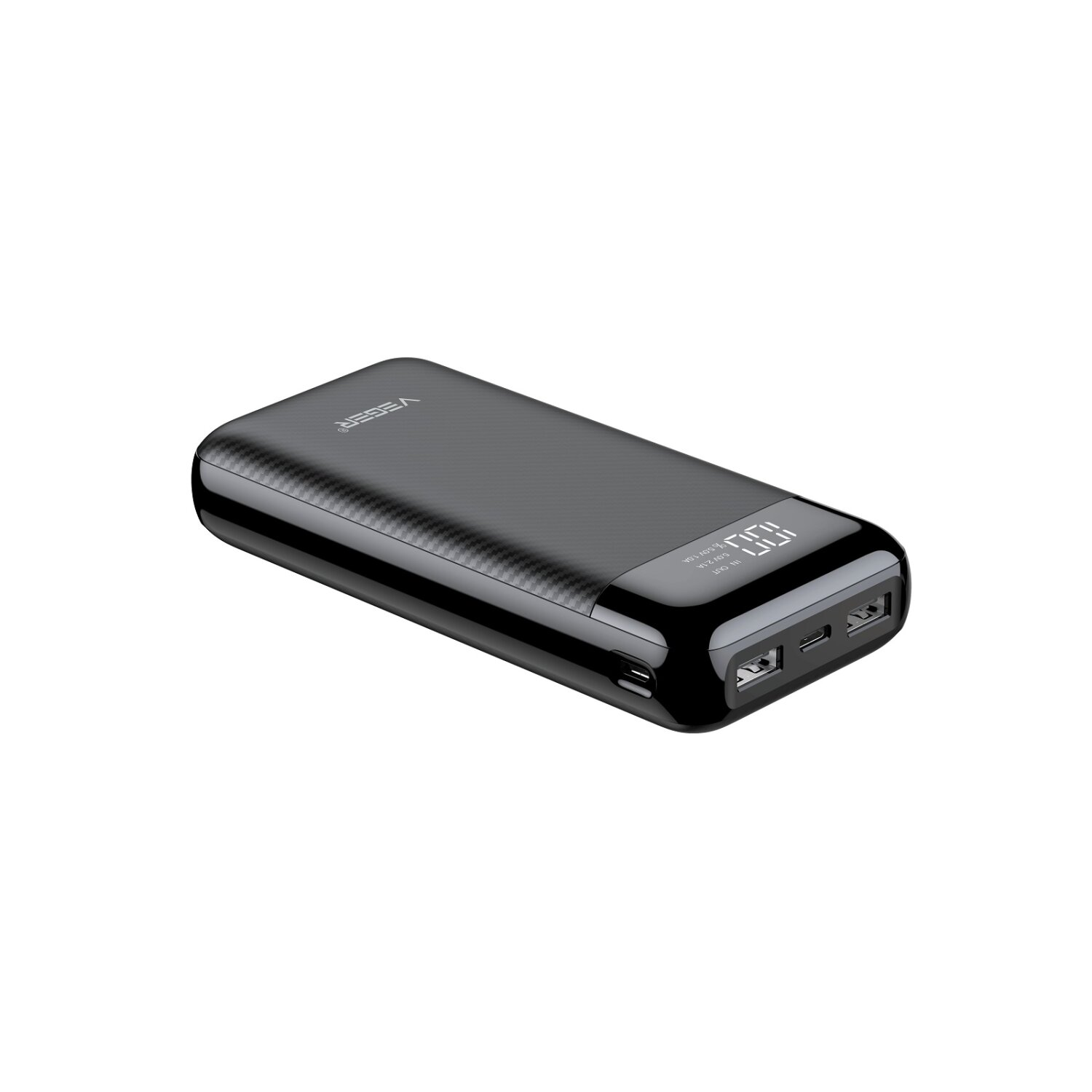 Schwarze Powerbank mit digitaler Anzeige. Zeigt Batteriestand und USB-Anschlüsse.