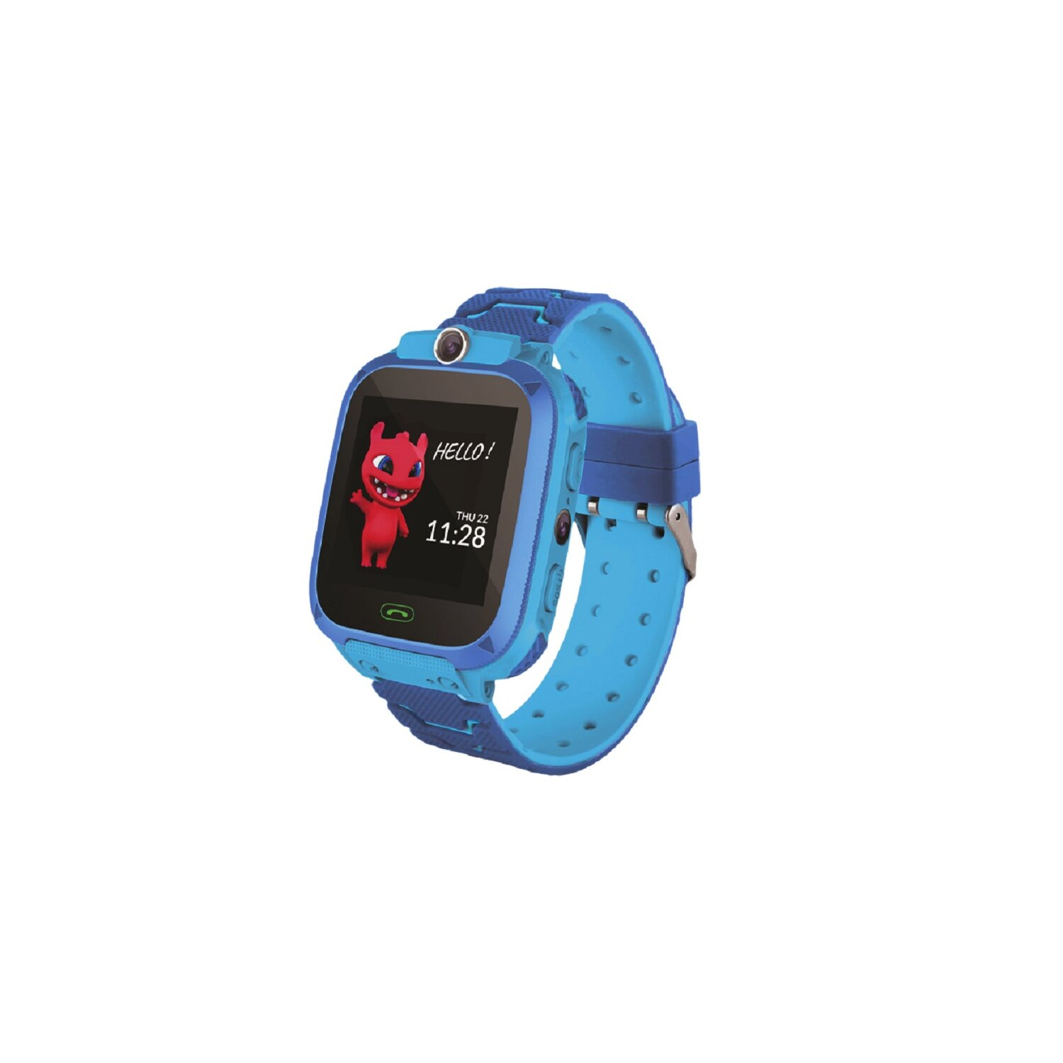 Blaue Smartwatch mit rotem Cartoon-Monster auf dem Bildschirm. Blaues Armband.