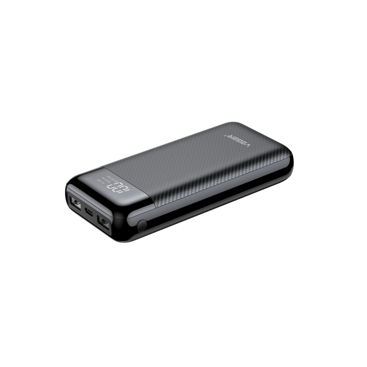 Schwarze und graue Powerbank mit digitaler Anzeige. Auf weißer Oberfläche.