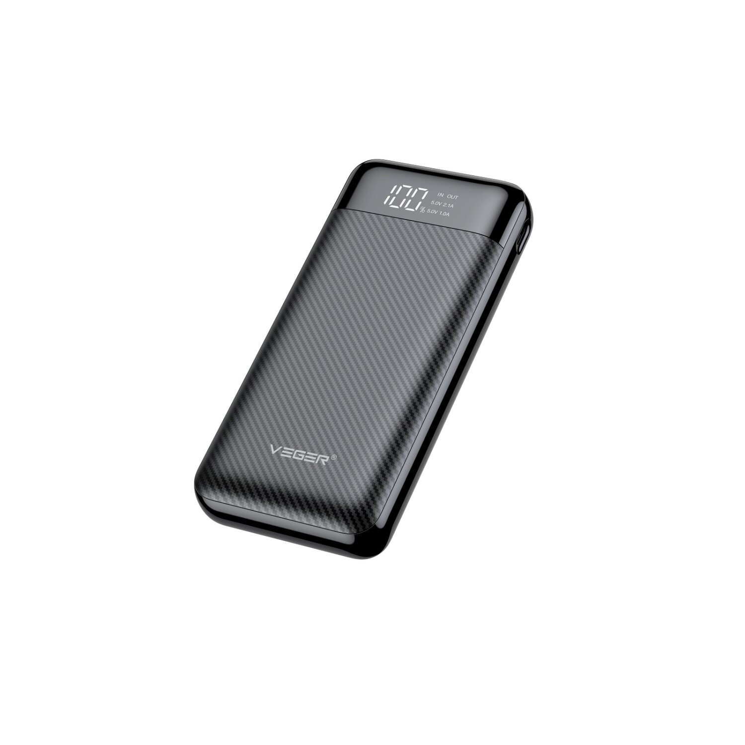 Eine schwarze Powerbank mit digitaler Anzeige, die 100 % anzeigt. Der Markenname 'VEGER' ist sichtbar.