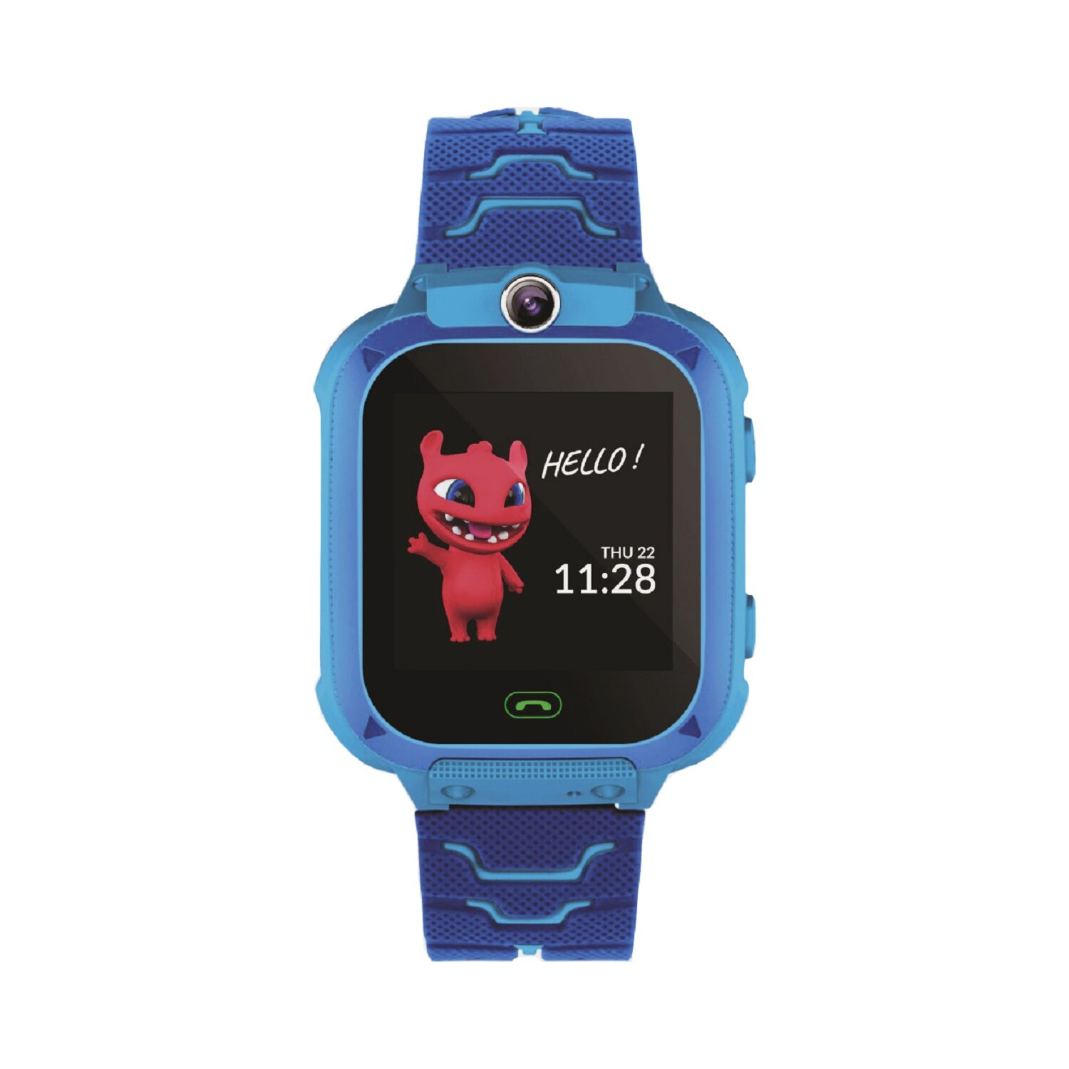 Blaue Smartwatch mit roter Cartoonfigur auf dem Bildschirm, Anzeige von Uhrzeit und Datum.