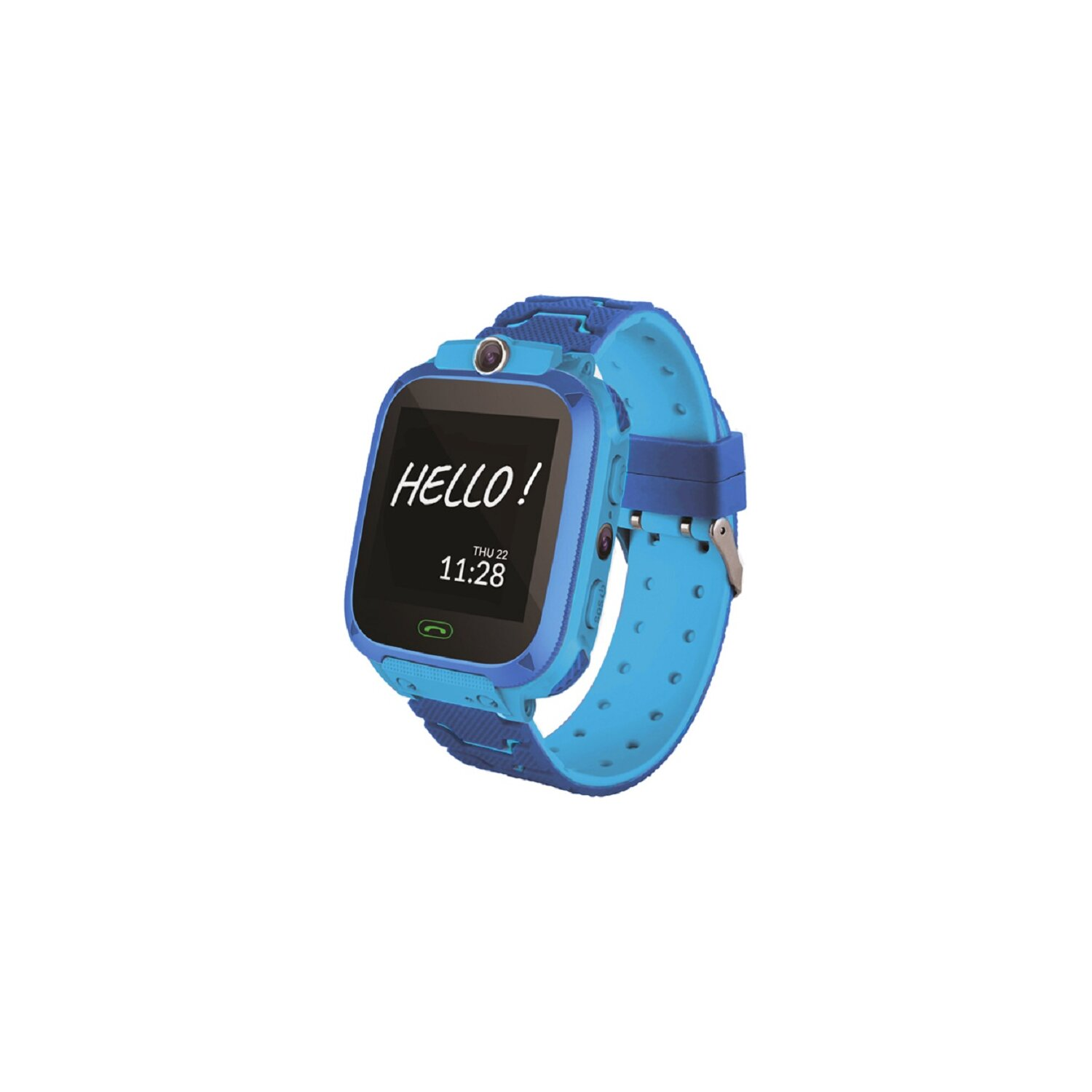 Blaue Smartwatch mit einem Hello!-Bildschirm und der Uhrzeit. Blaues Armband. Weißer Hintergrund.