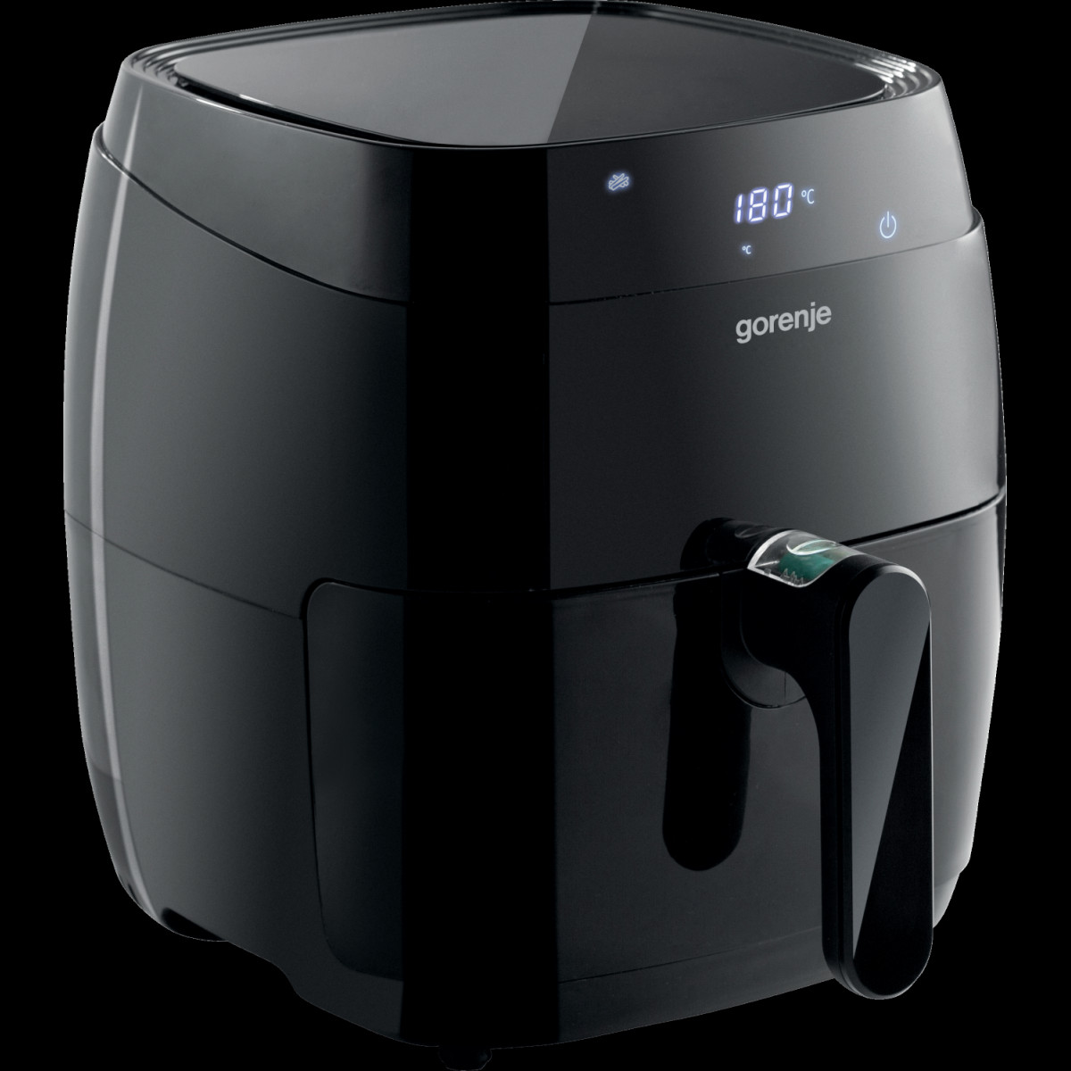 Una friggitrice ad aria nera con display digitale che mostra 180 gradi Celsius.