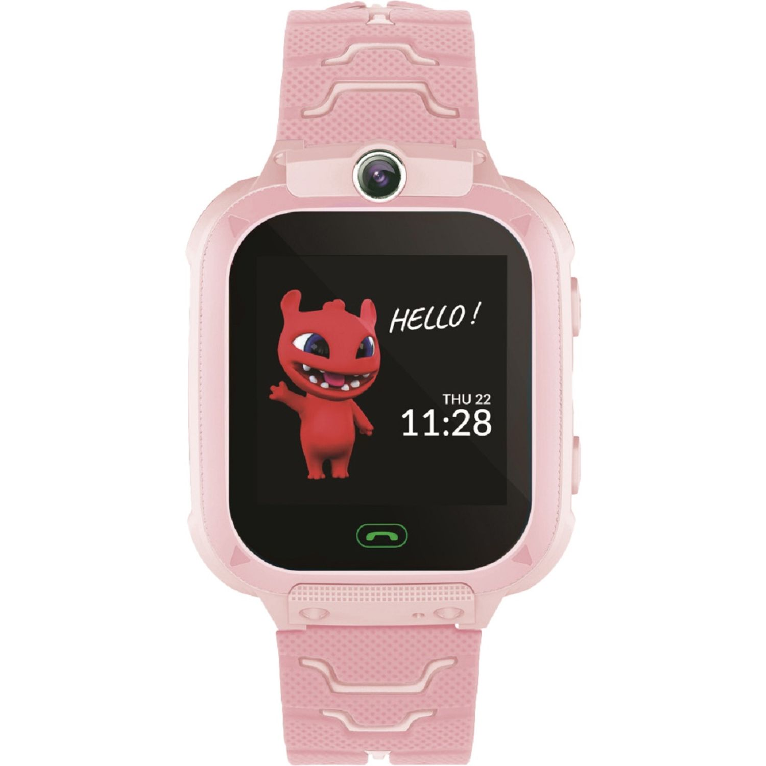Rosa Smartwatch mit Cartoon-Figur und Hello! auf dem Bildschirm.