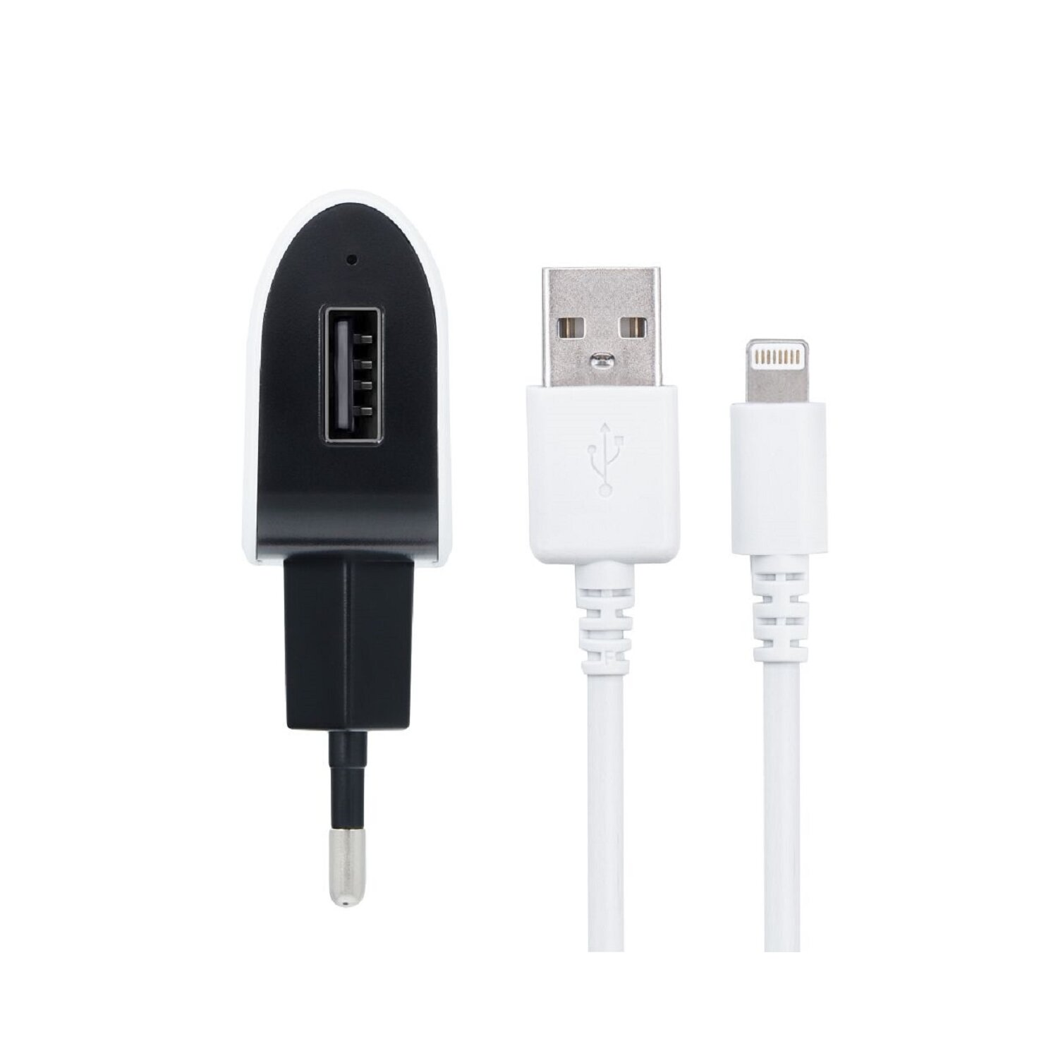 USB-Ladegerät und zwei Ladekabel. Ein Kabel hat einen USB- und einen Lightning-Anschluss.