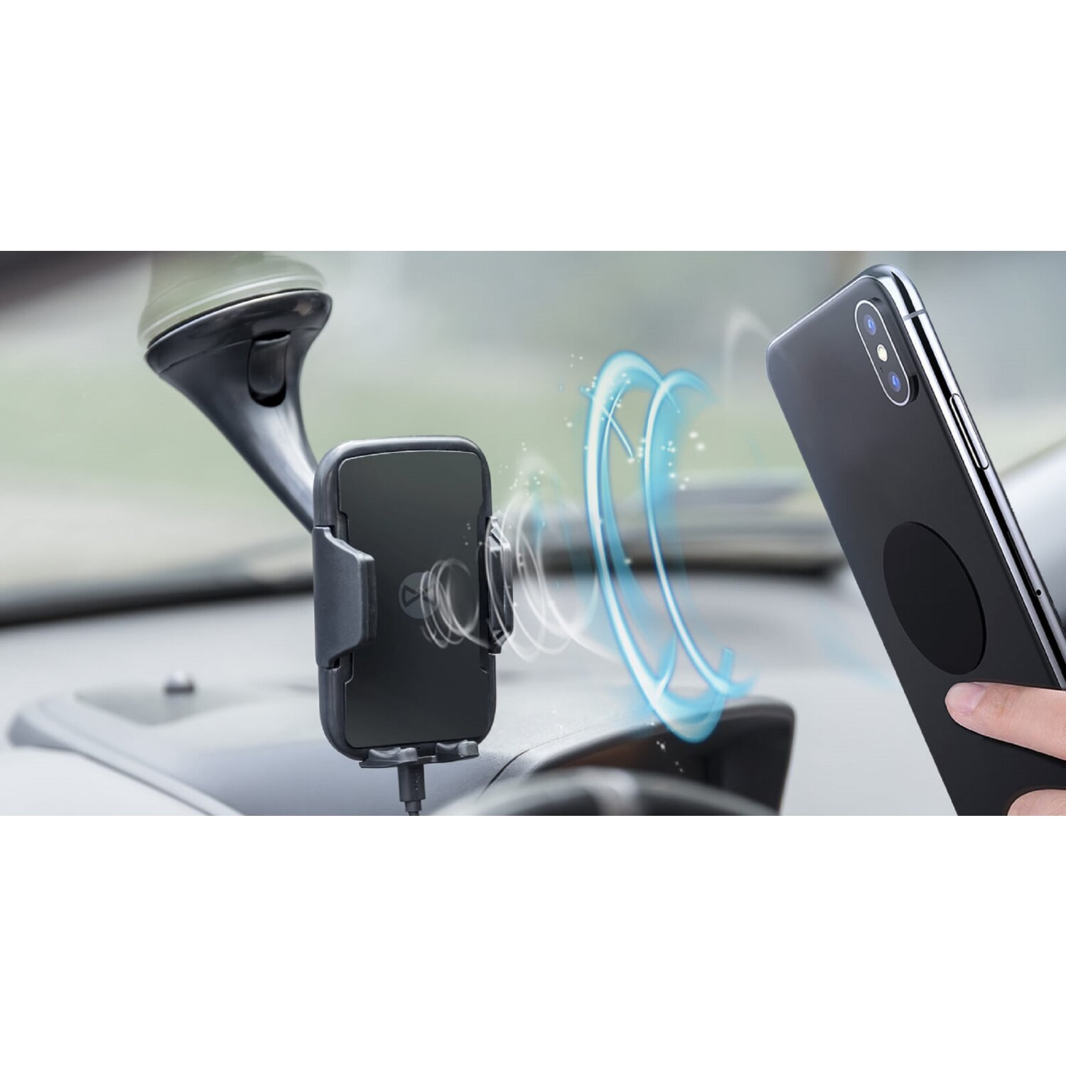 Kfz-Handyhalter und schwarzes Telefon. Blauer Lichteffekt im Hintergrund.