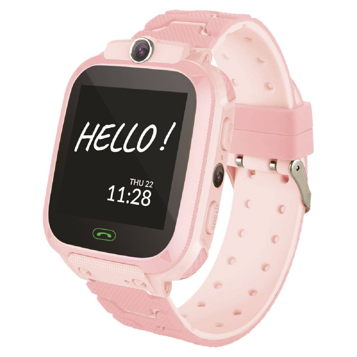 Eine rosa Smartwatch mit der Anzeige 'HALLO!' und der Uhrzeit. Sie hat ein rosa Armband und zwei Kameras.
