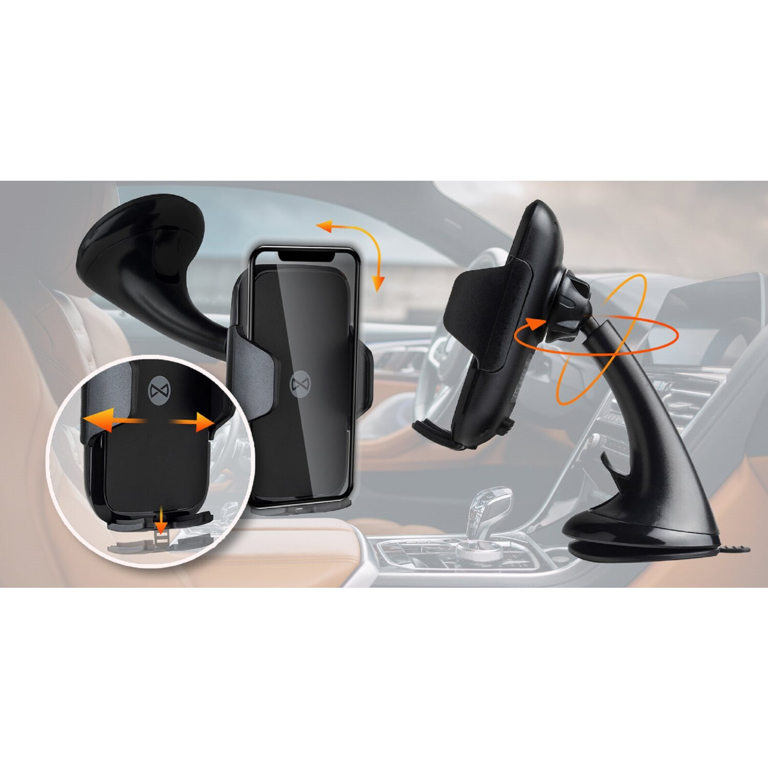 Autotelefonhalter mit Telefon, Pfeile zeigen die flexible Einstellung.