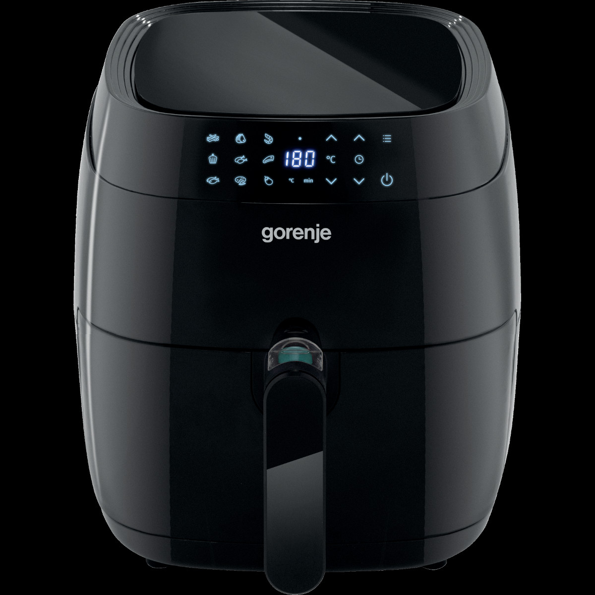 Friggitrice ad aria nera con display digitale, marchio Gorenje.