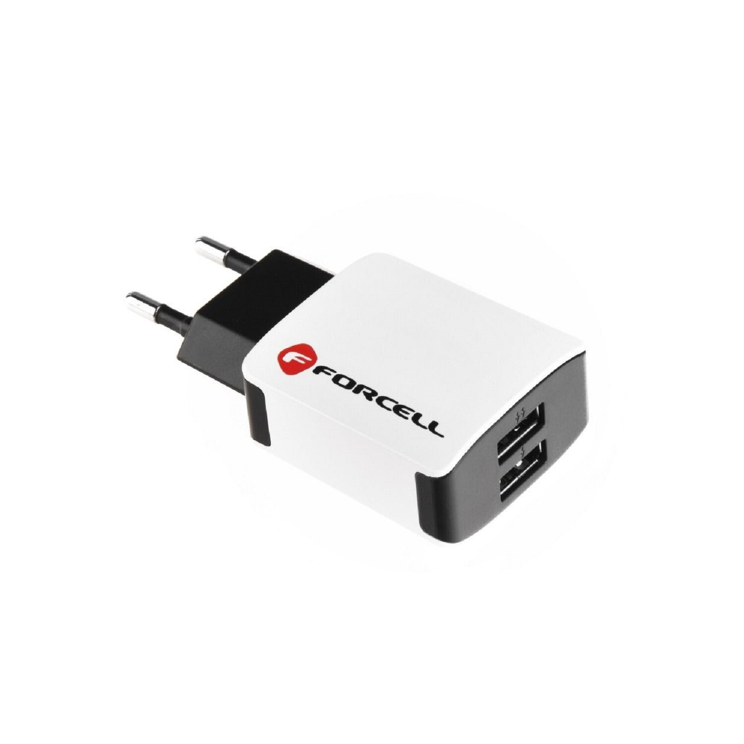 Ein weißes und schwarzes Telefonladegerät mit zwei USB-Anschlüssen. Der Markenname ist FORCELL in roten Buchstaben.