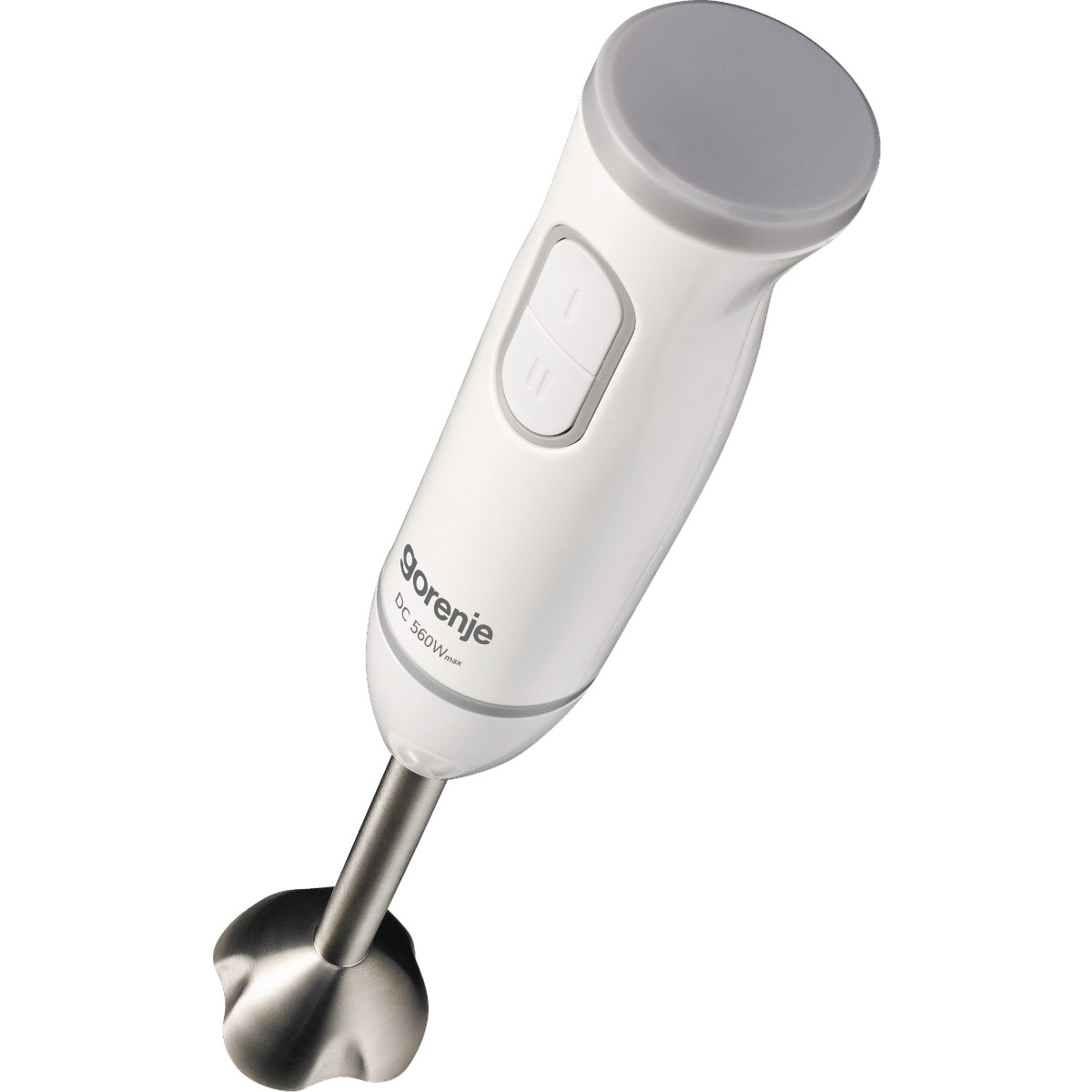 Frullatore a immersione Gorenje bianco, parte superiore e lama grigie. Sfondo bianco.