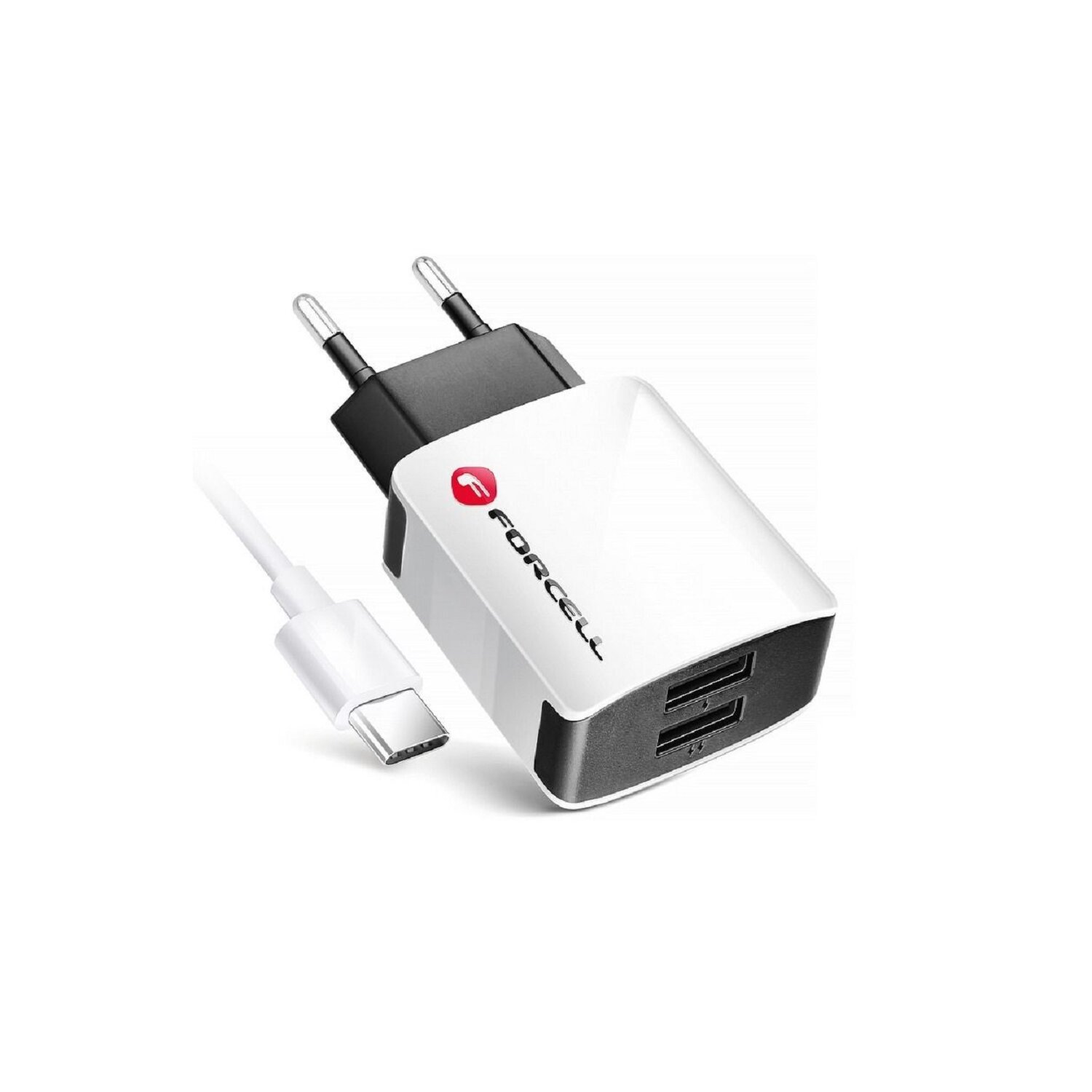 Weißes und schwarzes USB-Ladegerät mit zwei Anschlüssen und einem USB-C-Kabel. Marke: FORCELL.