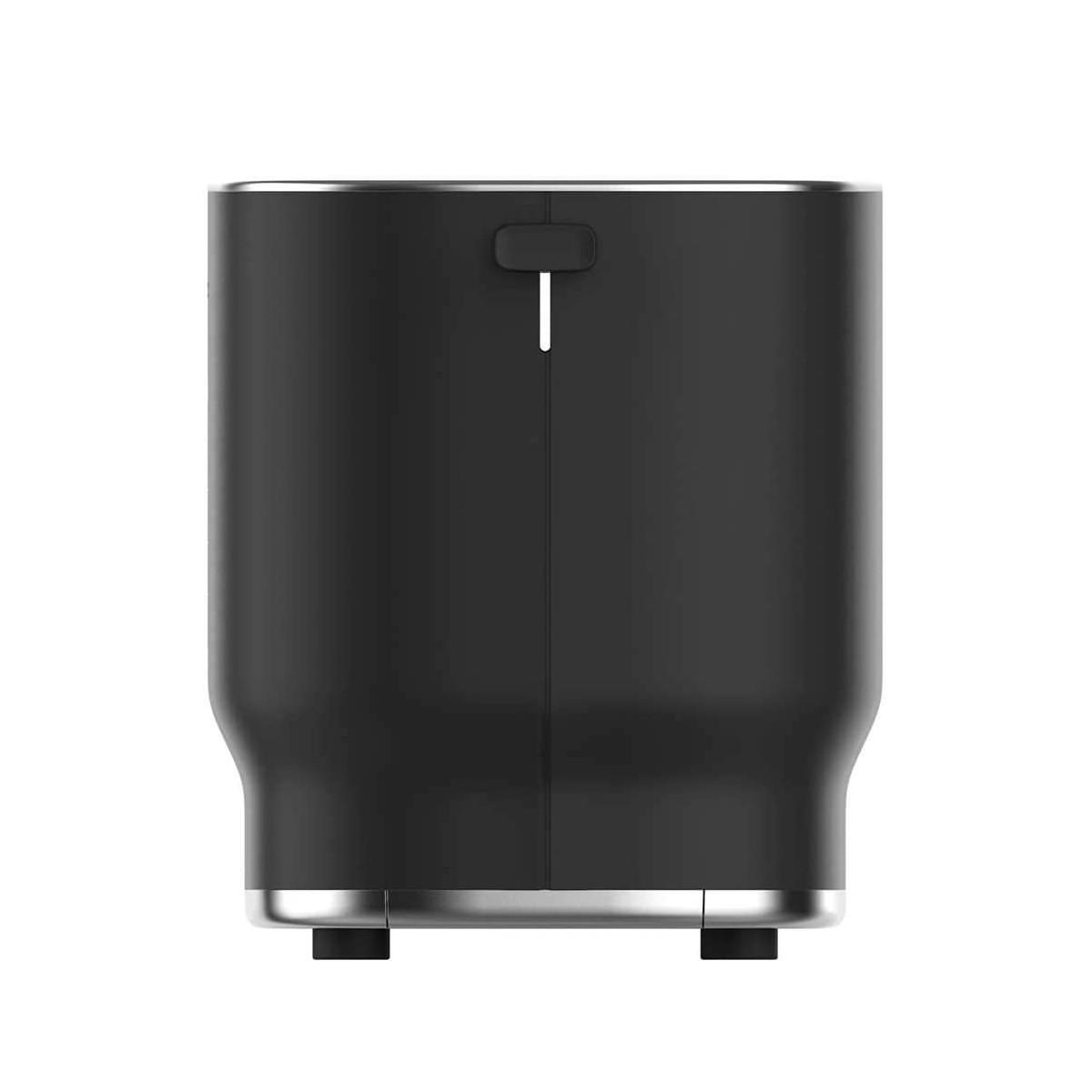 Schwarzes Gerät mit minimalistischem Design, zeigt Vorderansicht, silberner Boden.