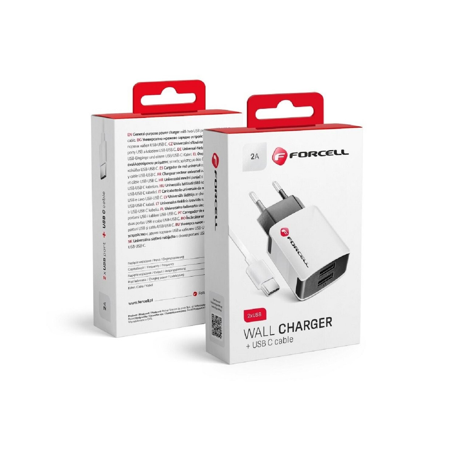 Zwei weiße und schwarze Forcell-Wandladegeräte mit USB-Kabeln. Sie befinden sich in einer rot-weißen Verpackung.