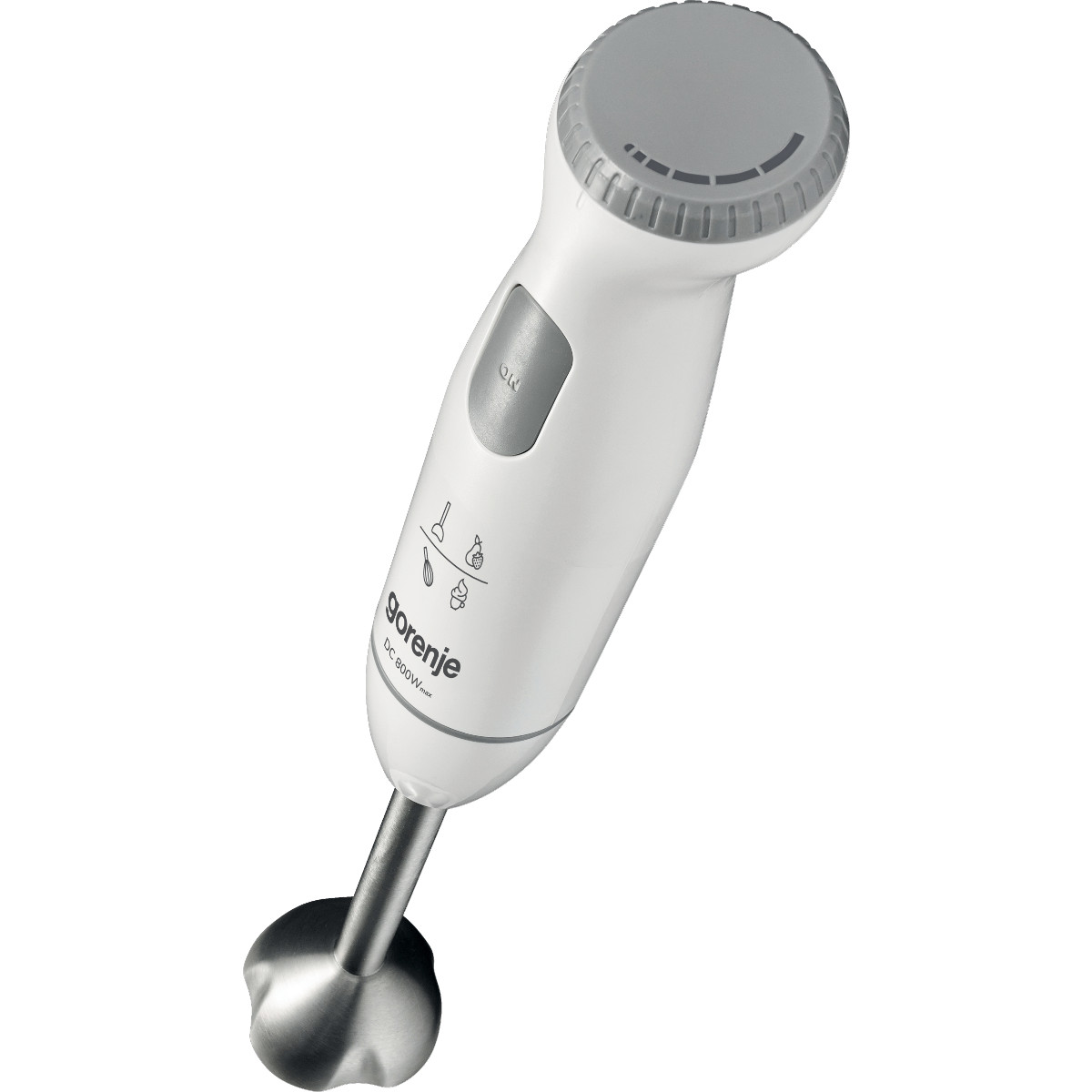 Een witte staafmixer met de merknaam Gorenje, geïsoleerd op een witte achtergrond.