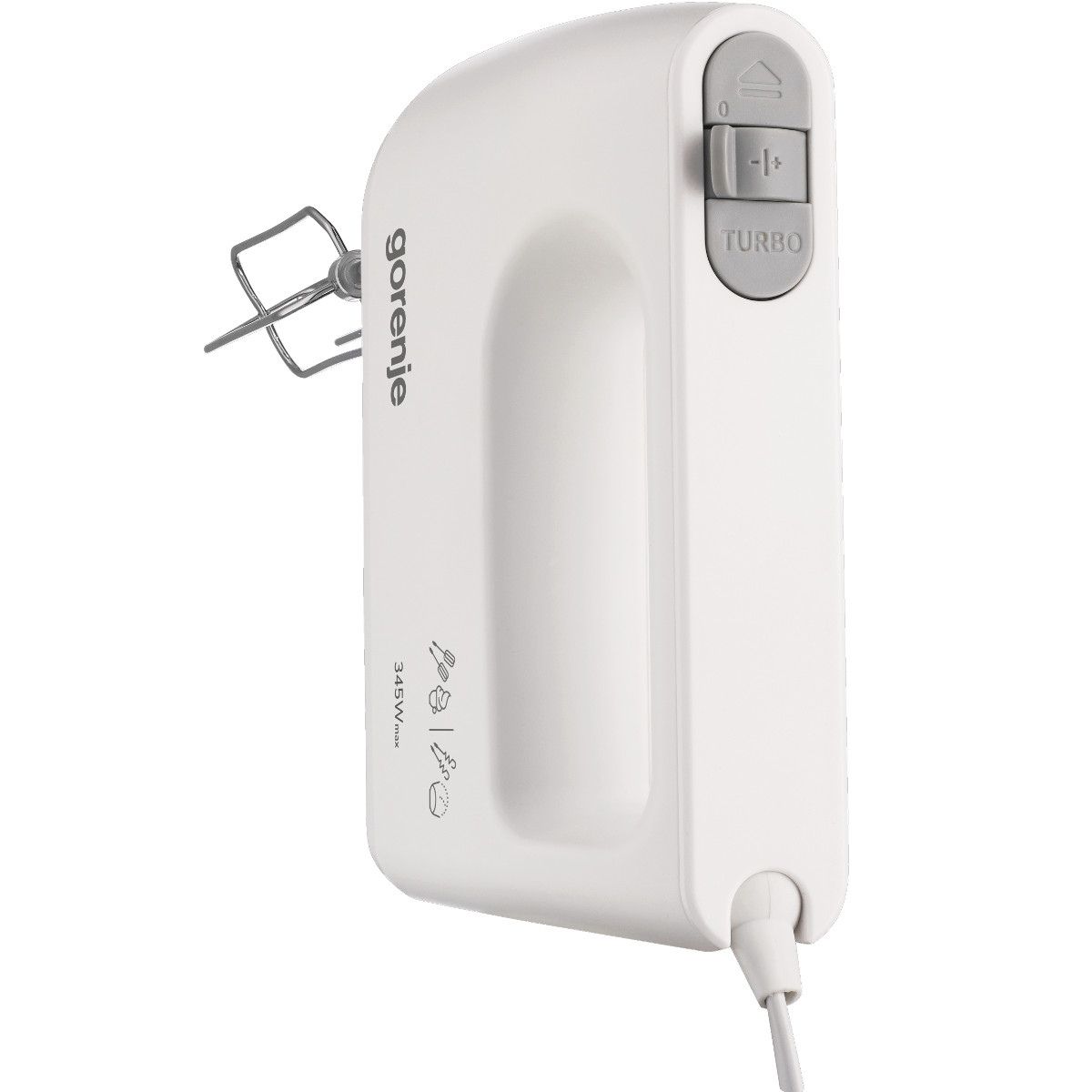 Weißer Handmixer mit grauer Turbotaste und Netzkabel, isoliert auf weißem Hintergrund.