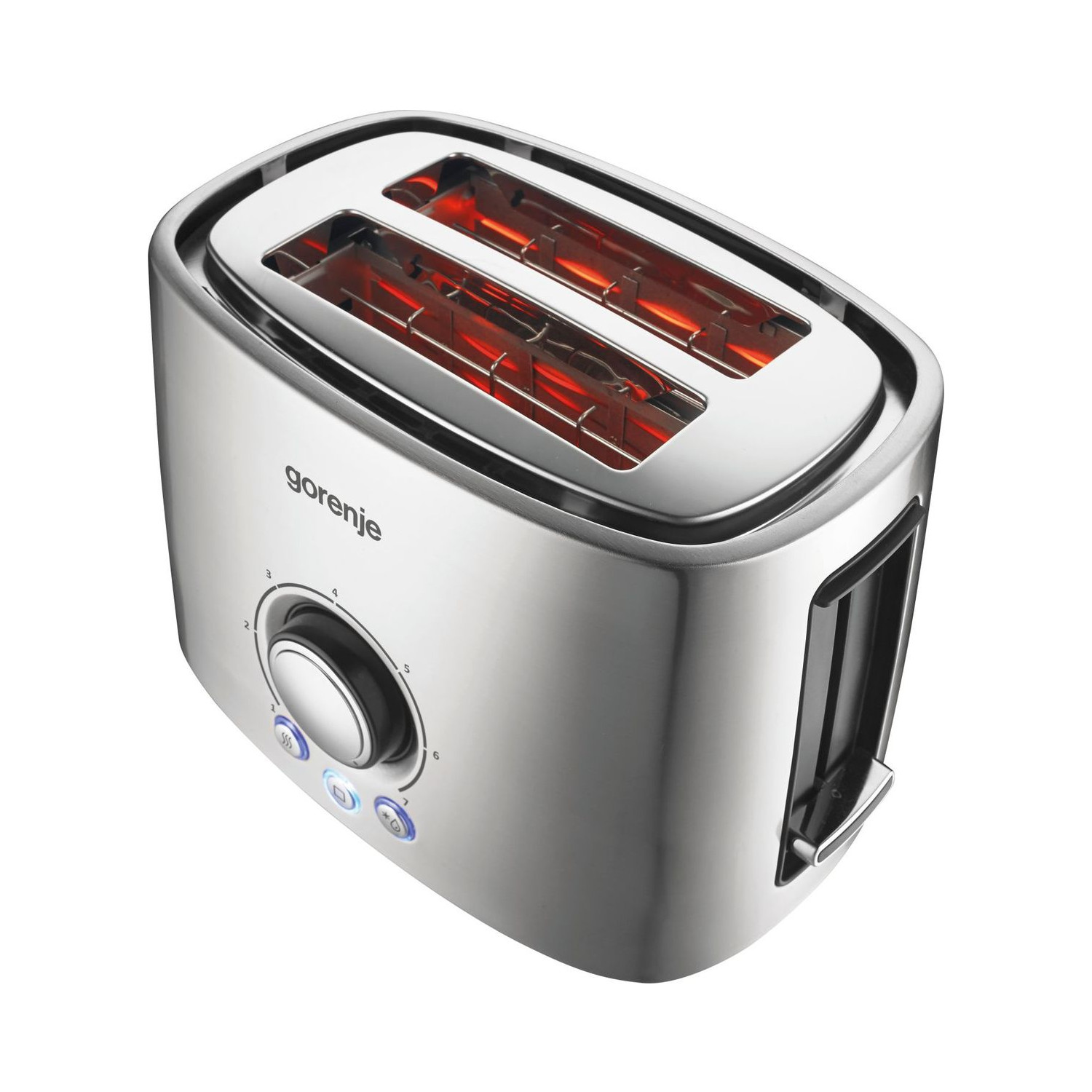 Ein Toaster aus Edelstahl mit zwei Schlitzen. Die Innenseite leuchtet rot.