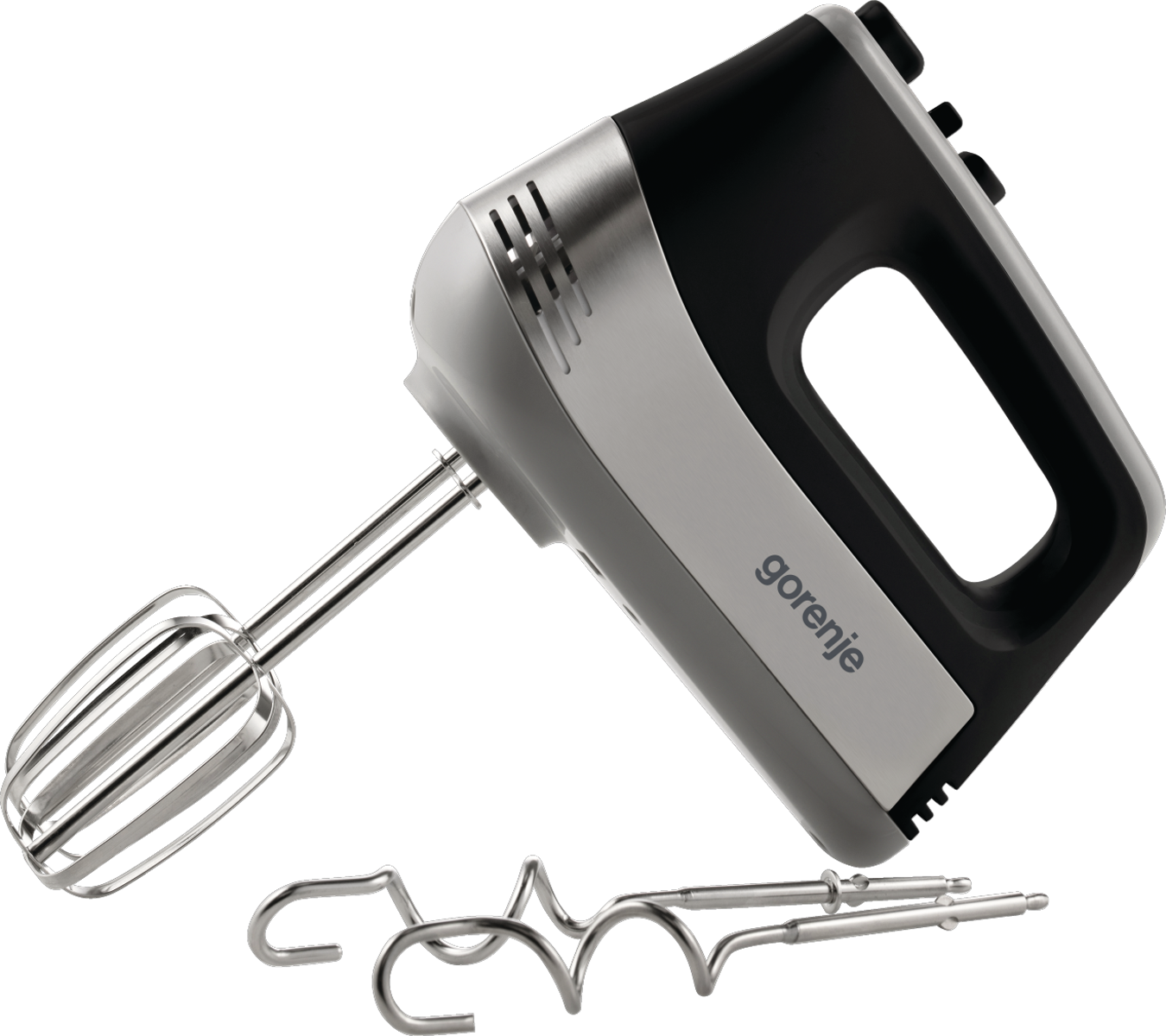 Ein schwarzer und silberner Handmixer mit zwei verschiedenen Arten von Rührbesen auf schwarzem Hintergrund.