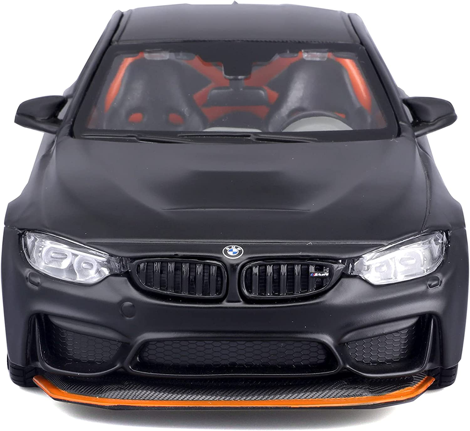 Ein schwarzes Spielzeugauto, ein BMW M4, von vorne gesehen, mit orangefarbenen Innendetails.