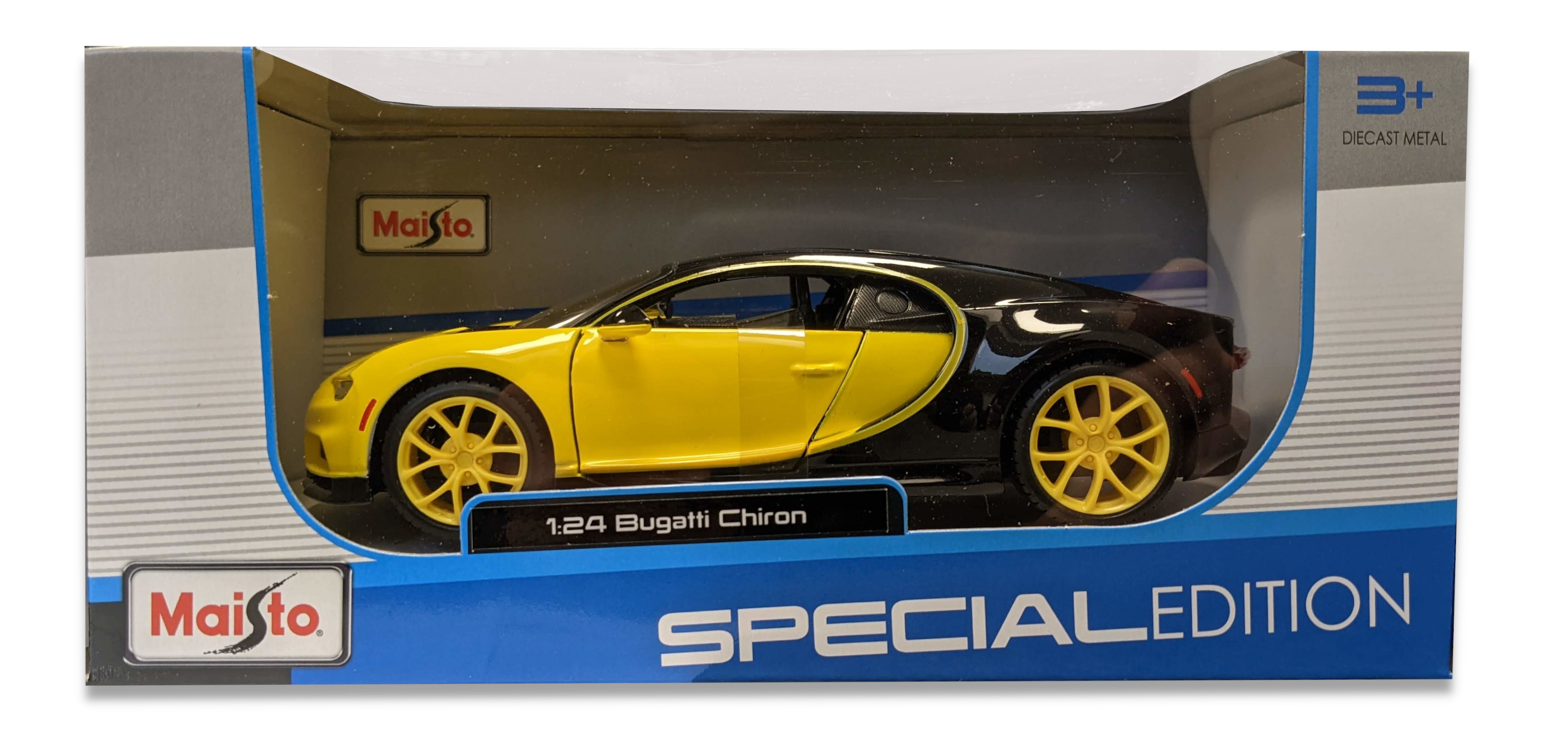 Ein gelb-schwarzes Bugatti Chiron Modellauto in einer Box mit "Special Edition" Aufschrift.