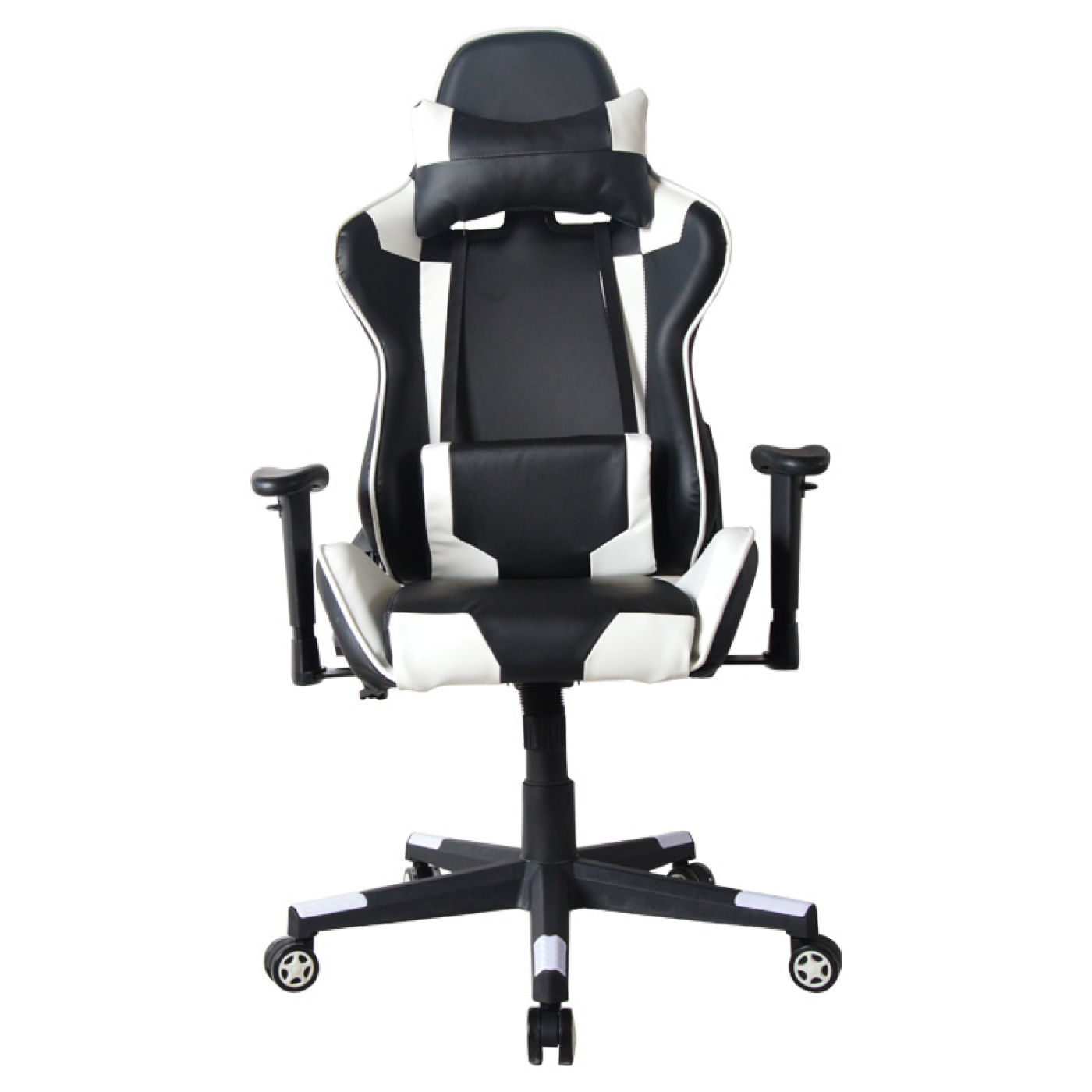 Zwarte en witte gamingstoel, met hoofdsteun, armleuningen en wielen.
