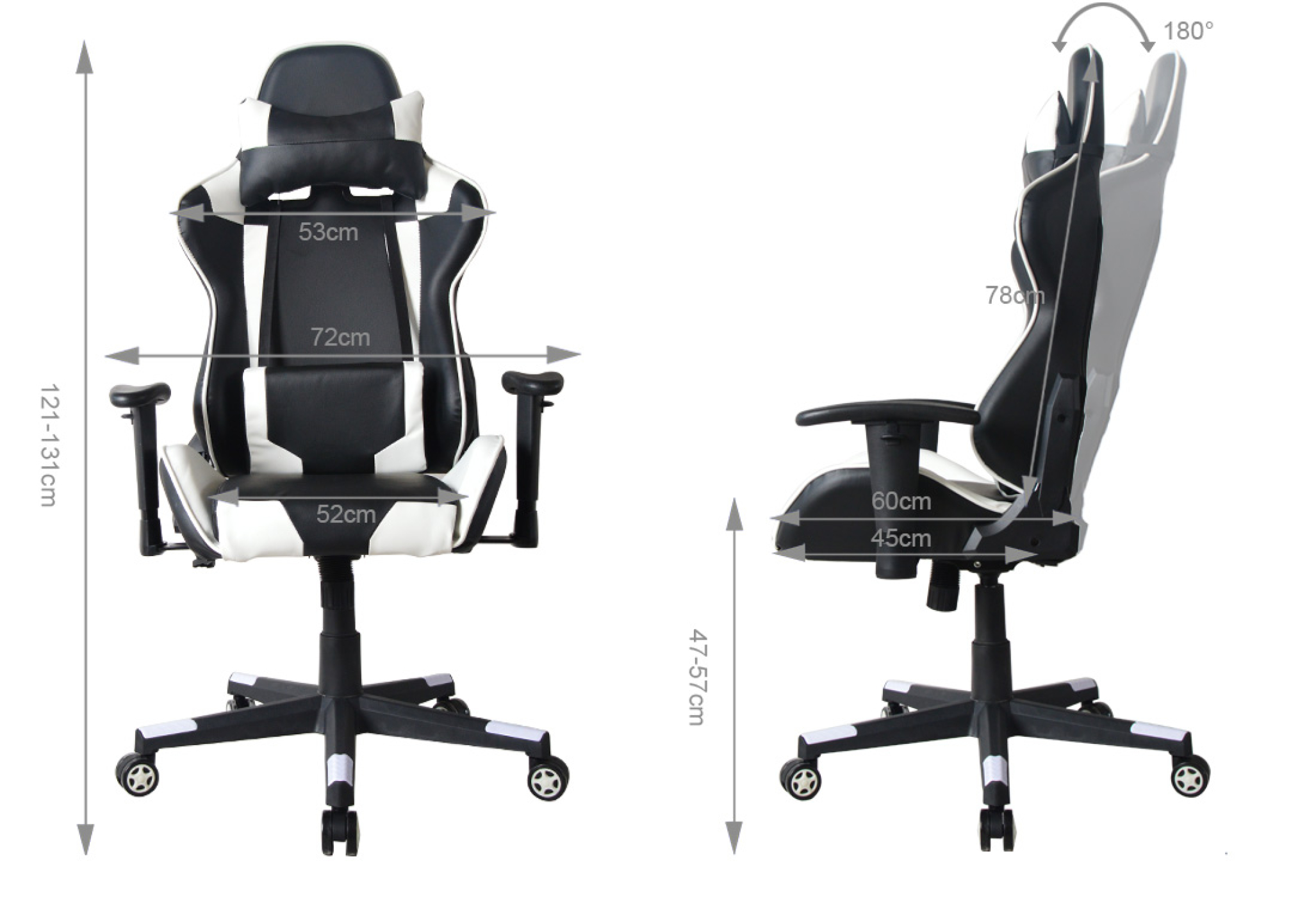 Gaming stoel met afmetingen, zwart-wit design, toont hoogte en breedte.