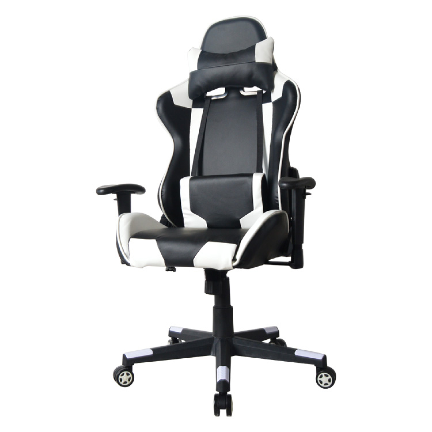 Zwart-witte gamingstoel op een witte achtergrond. Met hoofdsteun en lendensteun.