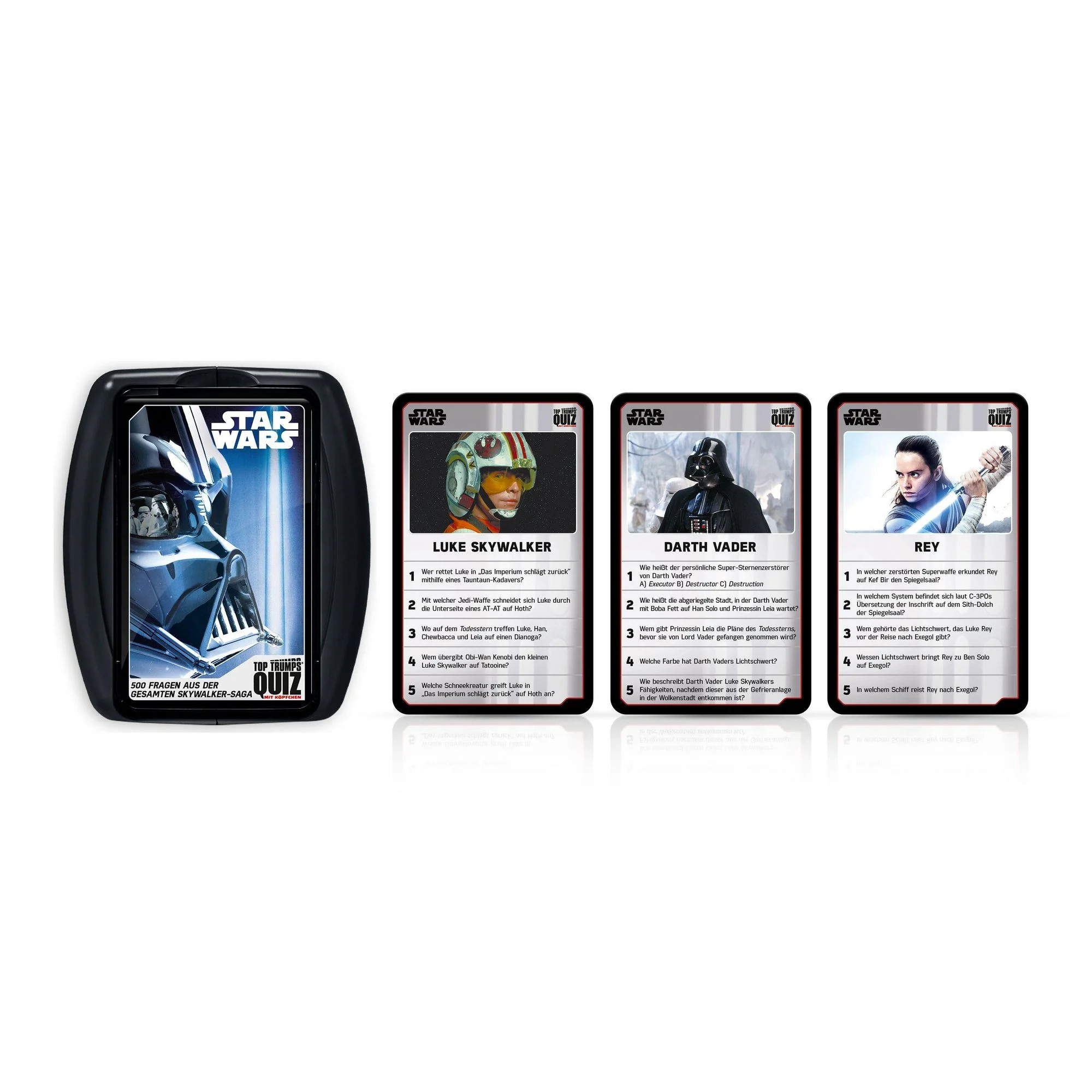 Star Wars Top Trumps Quizkarten werden angezeigt, mit ikonischen Charakteren wie Luke Skywalker.
