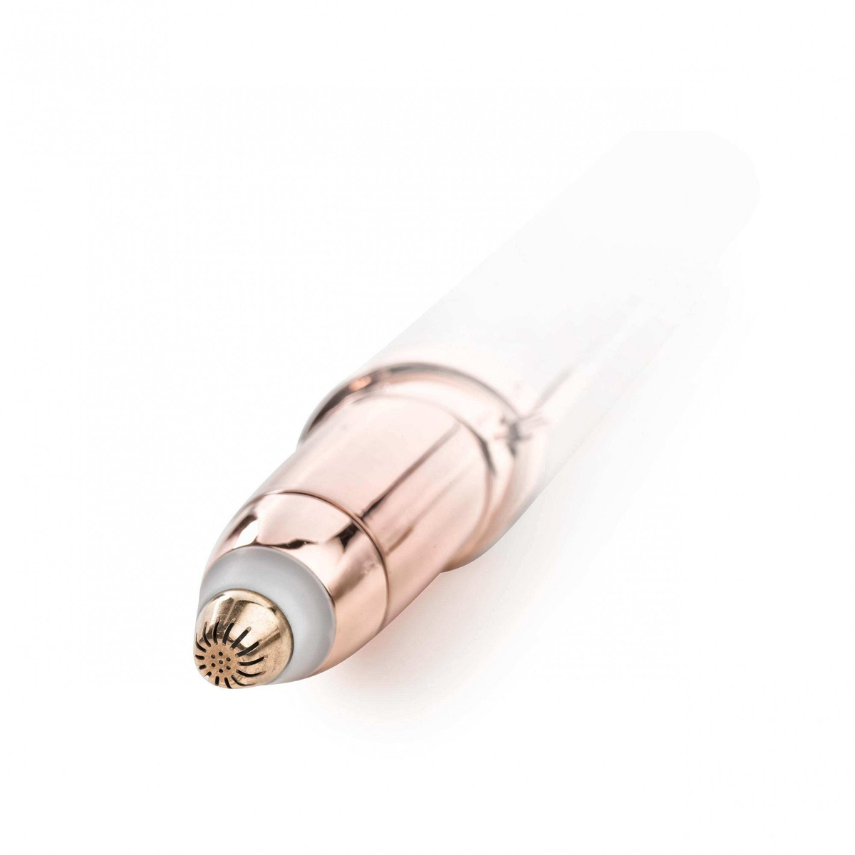 Ein elektrischer Augenbrauentrimmer. Es hat einen roségoldenen Körper und einen kleinen Trimmerkopf.