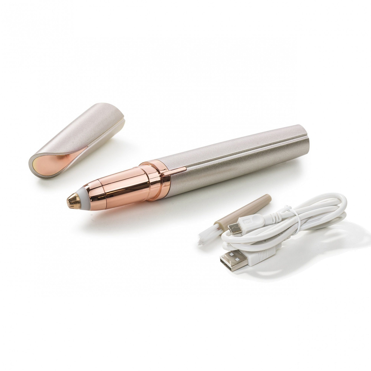 Silbernes und roségoldenes Haarentfernungswerkzeug mit Zubehör. USB-Kabel und Reinigungsbürste vorhanden.